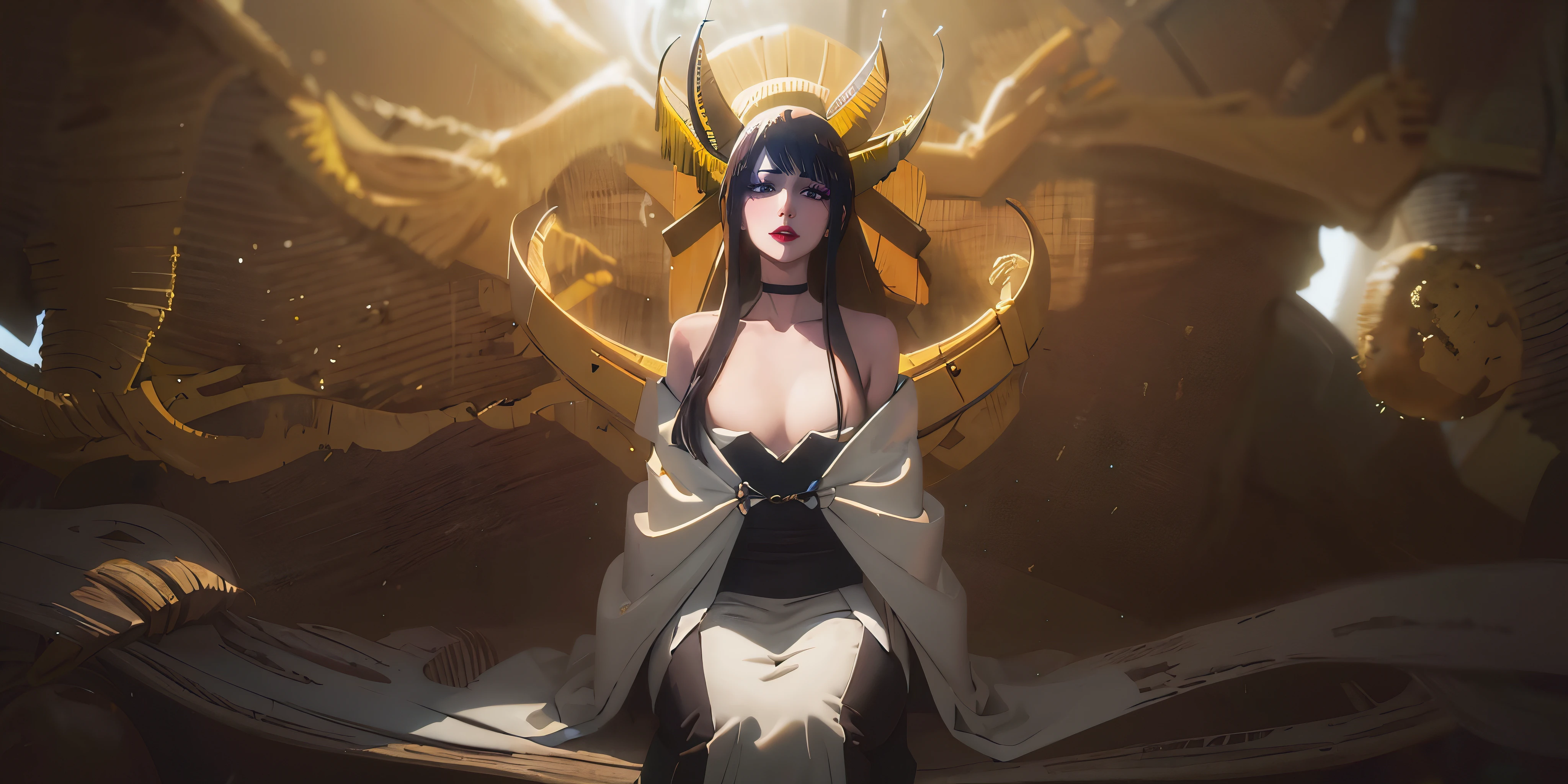 senjumaru shutara, (long hair, bangs, blunt bangs, black hair, sidelocks:1.5), (black eyes:1.5), makeup, lipstick, red lipstick, breasts, epic art, fantasy, 1girl, anklet, barefoot, solo, jewelry, sitting, indoors, breasts, choker, looking_at_viewer, cleavage, bracelet, large_breasts, bare_shoulders, dress, glow effects, godrays, Hand drawn, render, 8k, octane render, cinema 4d, blender, dark, atmospheric 4k ultra detailed, cinematic, Sharp focus, big depth of field, Masterpiece, colors, 3d octane render, 4k, concept art, trending on artstation, hyperrealistic, Vivid colors, extremely detailed CG unity 8k wallpaper, trending on CGSociety, Intricate, High Detail, dramatic, anime coloring, anime screencap, steaming body, fog, heavy breathing, nsfw art,