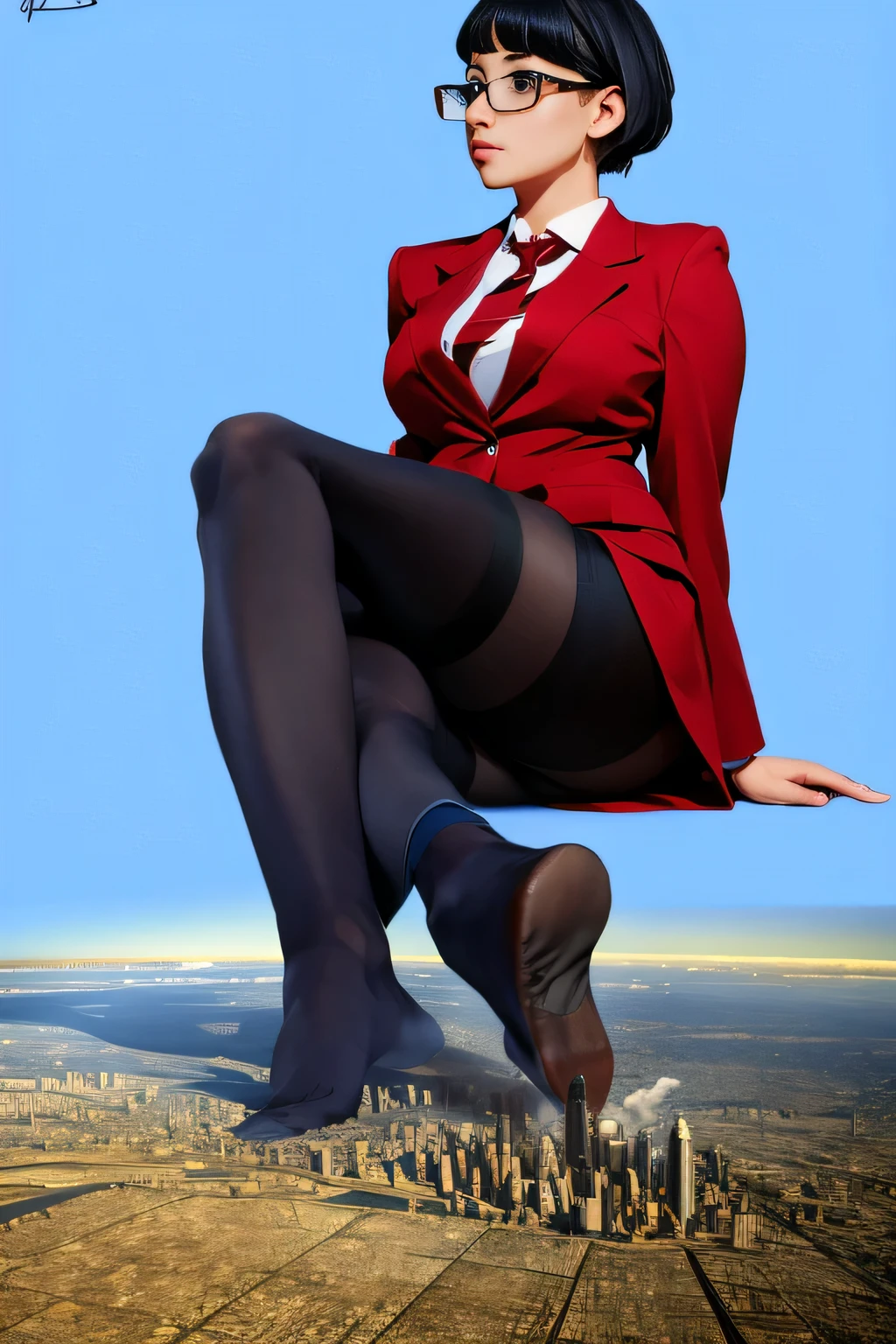 Giantの芸術, 非常に詳細なGiantショット, Giant, short hair, A high school girl who is much bigger than a skyscraper, wearing rimless glasses, big breasts, big ass, navy blue blazer, red tie, mini skirt, black pantyhose, pantyhose barefoot, Steam comes out from the soles of the feet, very small metropolis, miniature metropolis, crush the big city, full body description, GTS, ギガGiant, Stomping City, crash city, Small town, micro city, High resolution, highest quality, masterpiece,
