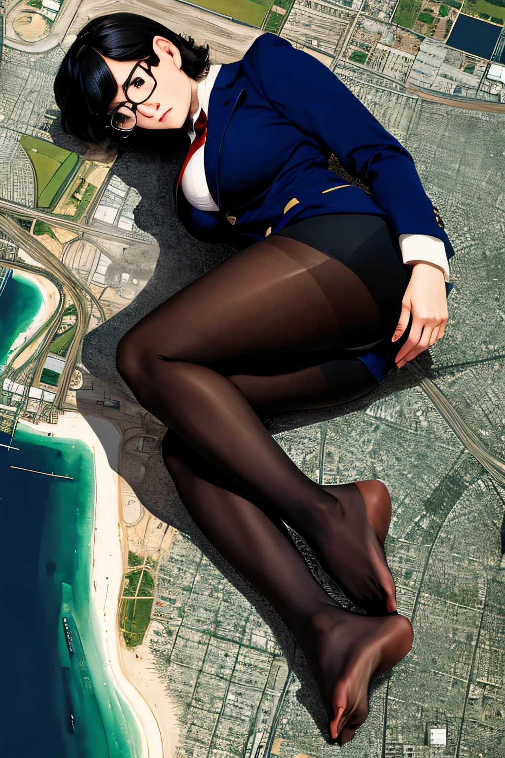 Giantの芸術, 非常に詳細なGiantショット, Giant, short hair, A high school girl who is much bigger than a skyscraper, wearing rimless glasses, big breasts, big ass, navy blue blazer, red tie, mini skirt, black pantyhose, pantyhose barefoot, Steam comes out from the soles of the feet, very small metropolis, miniature metropolis, crush the big city, full body description, GTS, ギガGiant, Stomping City, crash city, Small town, micro city, High resolution, highest quality, masterpiece,