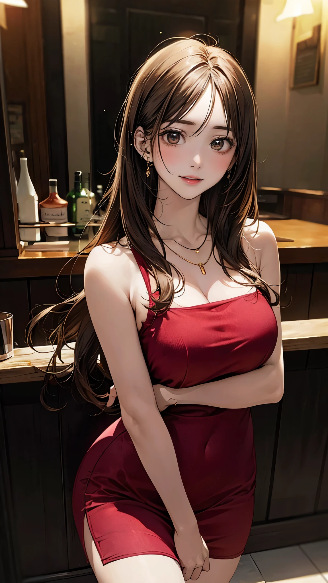 (masterpiece:1.2, top-quality), (realistic, photorealistic:1.4), beautiful illustration, (natural side lighting, movie lighting), 
looking at viewer, 1 girl, japanese, ************, perfect face, perfect body, cute and symmetrical face, shiny skin, babyface, 
(long hair, straight hair, sideburns, (hair intakes:1.6), blond hair), swept bangs, gold eyes, big eyes, (middle breasts, seductive thighs), piercings, 
beautiful hair, beautiful face, beautiful detailed eyes, beautiful clavicle, beautiful body, beautiful chest, beautiful thigh, beautiful legs, beautiful fingers, 
((red shorttubedress), necklace), 
(beautiful scenery), night, (bar), walking, (lovly smile, upper eyes), 