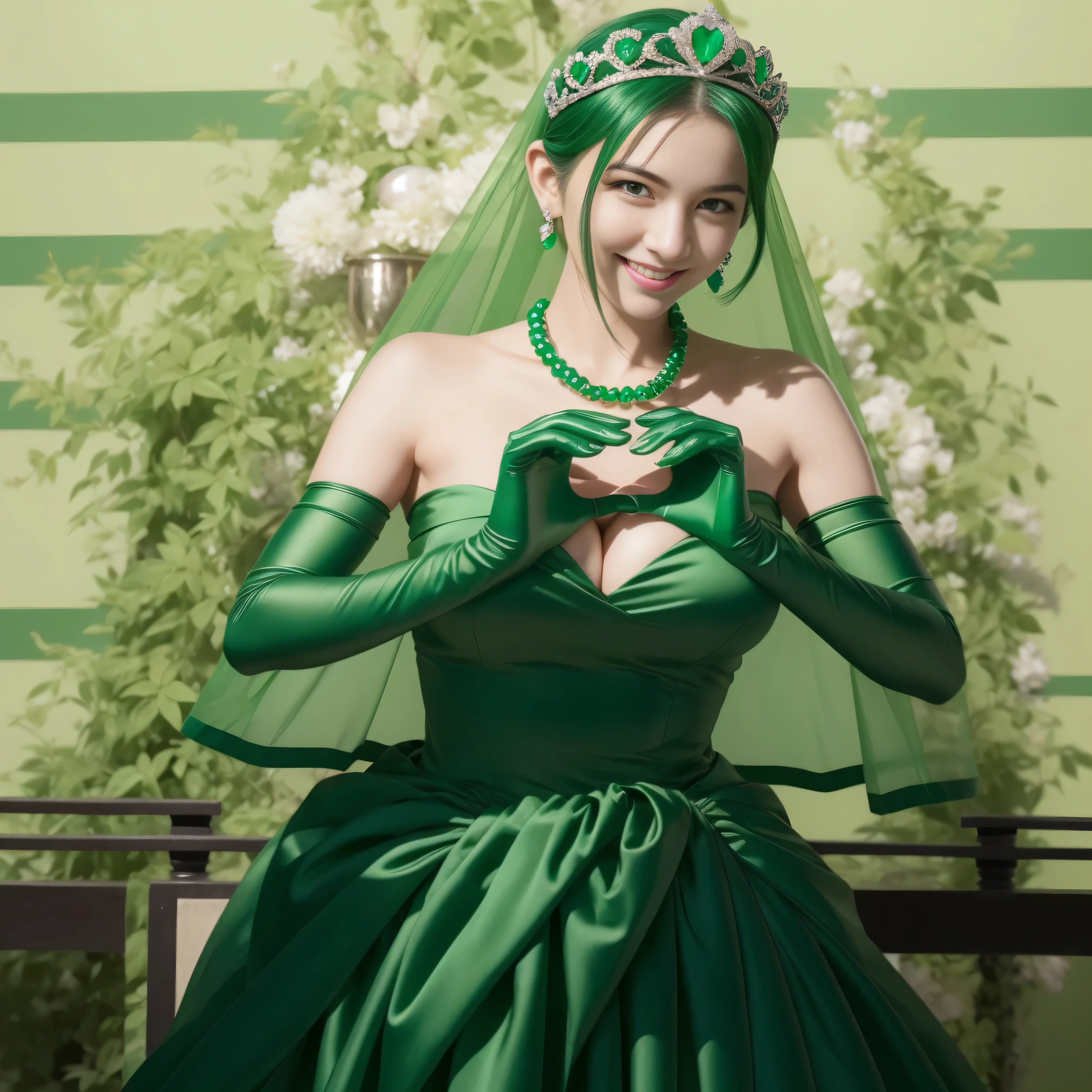 (highest quality,Super detailed,realistic),Green-haired Japanese woman with boyish berry short hairstyle, beautiful detailed green eyes, beautiful detailed lips, Beauty with large breasts, Wearing an emerald tiara, green pearl necklace, and emerald earrings, Apply lipstick with a smile on her face. She holds a heart-shaped object in both hands. She wears a long green satin gown and long green gloves. Artwork must be in vivid colors, sharp focus, and realistic lighting effects.