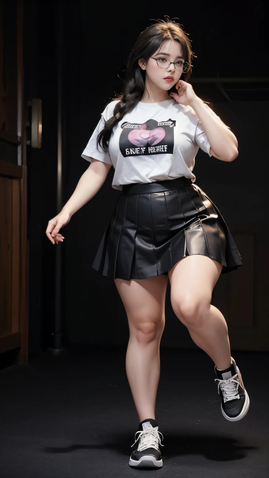 A beautiful beauty, long black hair, big eyes, round face, t-shirt , tight purple metalic skirt, sneakers , slightly fat, plump and sexy, delicate facial features, in the room, dark room, dark sky and dark clouds, HD, high quality, the best picture quality, extreamly thight skirt, glasses, chubby thighs