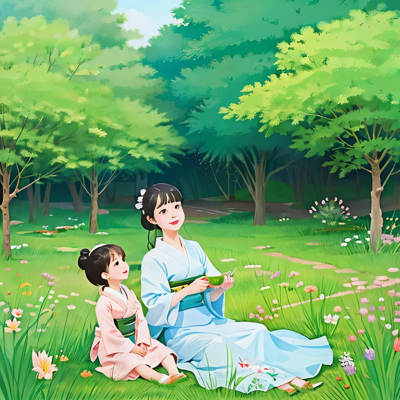 Fairy tale illustration by Reiko Ikemura, pixabay, simple art, full color illustration, cute fairy tale illustration, picture book illustration, illustration, girl picking tea in the style of Hayao Miyazaki, in the field, kimono, kimono
