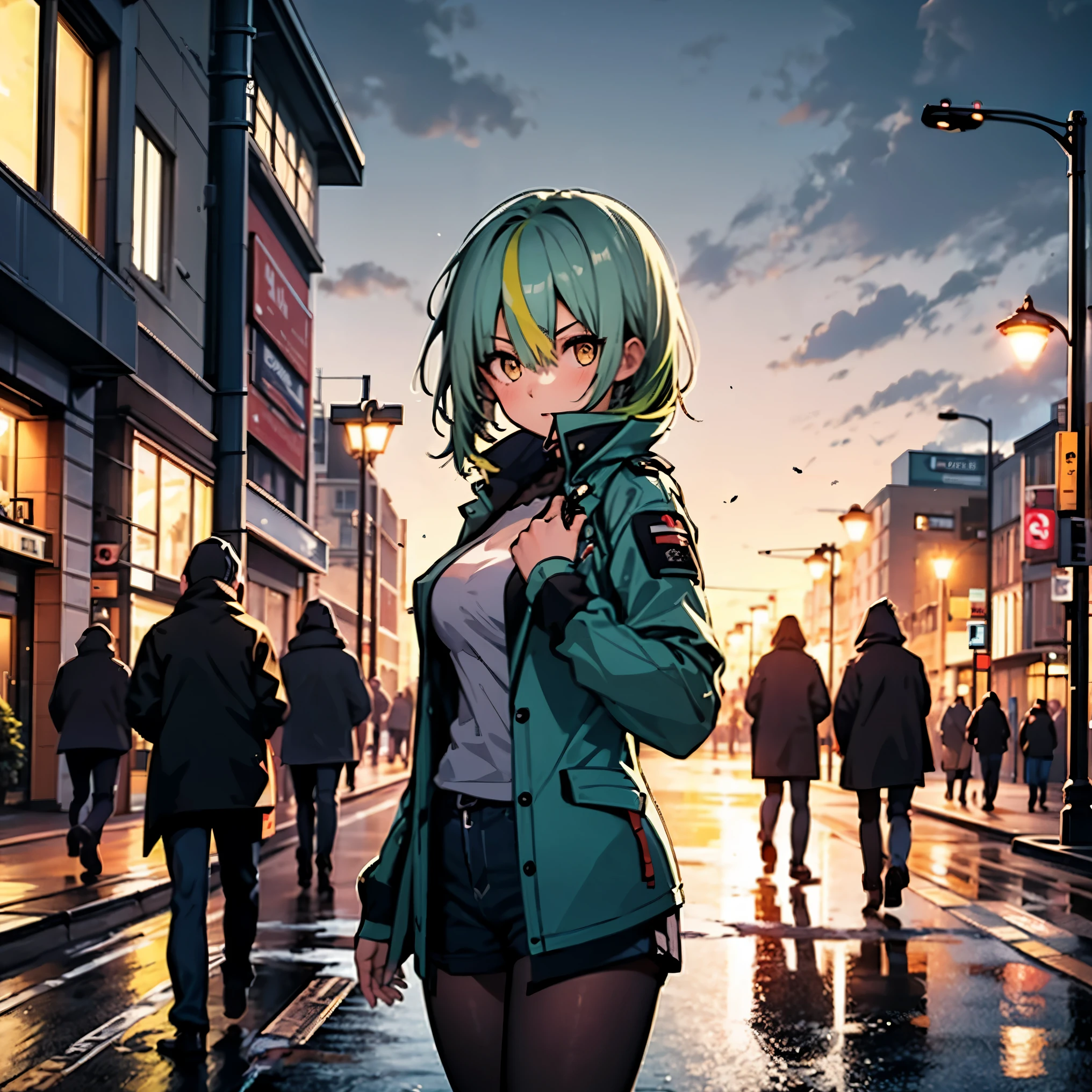 18 year old girl, short hair, greenish blue hair, yellow eyes, black black jacket, Jeans Shorts, On the streets of London, Cloudy weather, light rain, highlight, 4K, excellent anatomy, wearing pantyhose, masterpiece