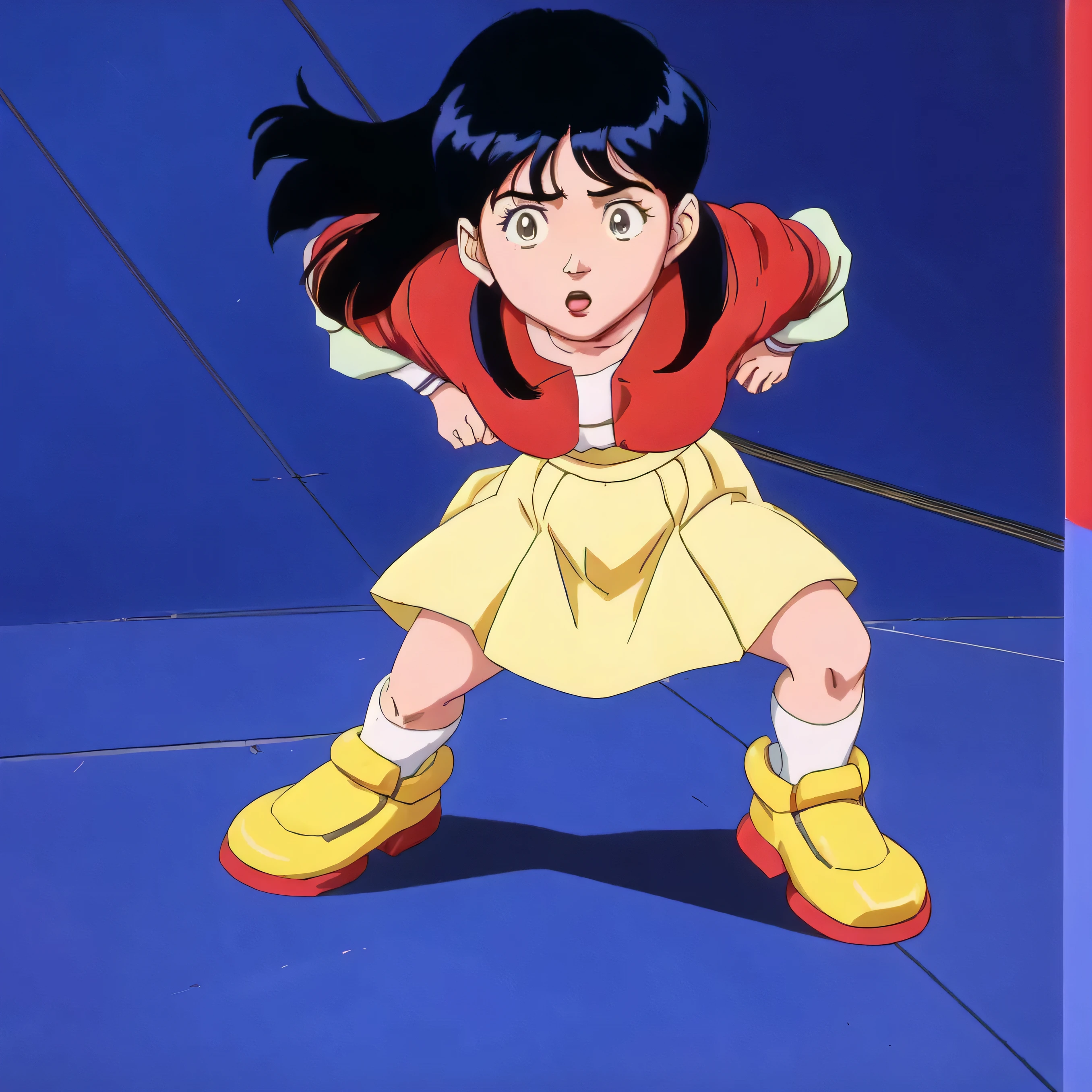 cartoon of a girl in a yellow skirt and a boy in a red jacket, an retro anime image, maison ikkoku, in an anime, close up of lain iwakura, style in ghibli anime, only one robot ??? on the ground, cursed images, iwakura lain, 1980's anime style