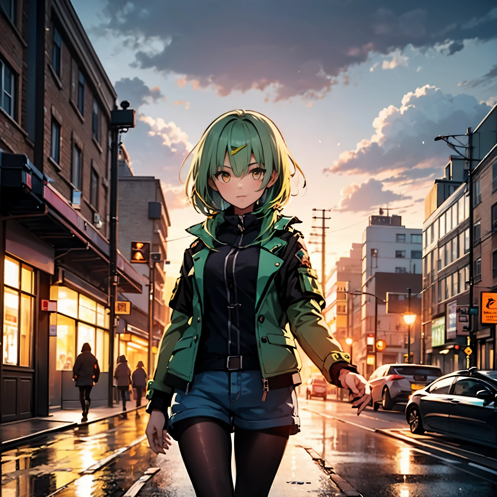 18 year old girl, short hair, greenish blue hair, yellow eyes, black black jacket, Jeans Shorts, On the streets of London, Cloudy weather, light rain, highlight, 4K, excellent anatomy, wearing pantyhose, masterpiece