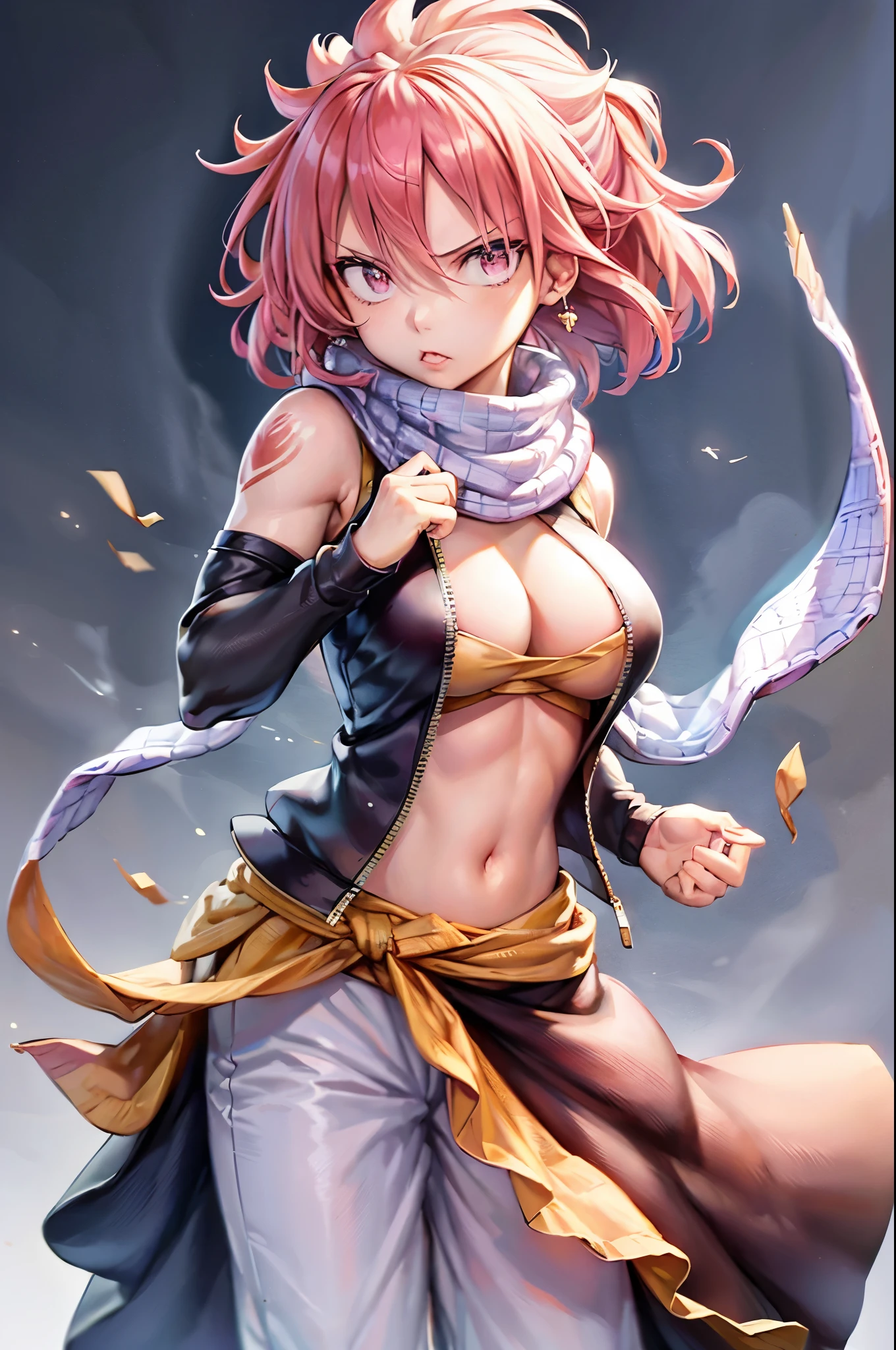 (masterpiece), best quality, expressive eyes, perfect face, highres, (female1.5), 1 girl, solo, natsu dragneel, scarf, sleeveless, black eyes, jacket, white pants, pink hair, standing, upper body, portrait, looking at the viewer, from front