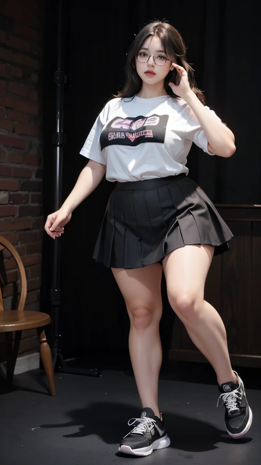 A beautiful beauty, long black hair, big eyes, round face, t-shirt , tight purple metalic skirt, sneakers , slightly fat, plump and sexy, delicate facial features, in the room, dark room, dark sky and dark clouds, HD, high quality, the best picture quality, extreamly thight skirt, glasses, chubby thighs 