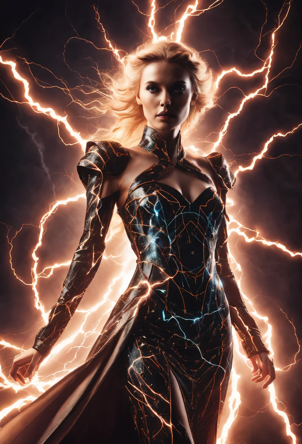 in a fictional fantasy world against the backdrop of a fantastic dark landscape, Romanesque style women's dress design made entirely from electrical network, dress made of the finest electrical discharges and lightning, electrical discharges and lightning intertwined in a luxurious women's dress, electrical clothing design, lightning and discharges on a dark background, high detail, a high resolution, high contrast, electricity on a dark background, photorealistic, a high resolution