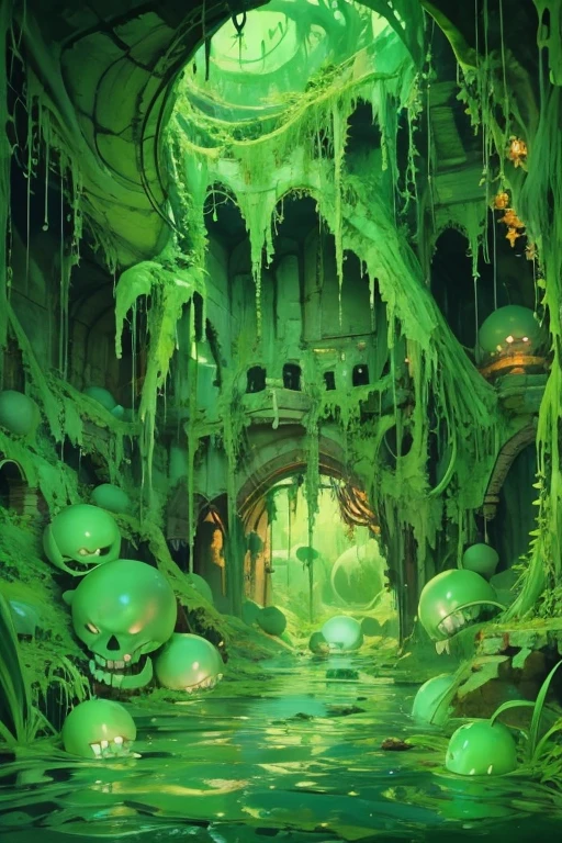 cave、ancient ruins、dim、Slime、slimy magical creature、bones floating in liquid、ほのかに光っているSlime、spooky、horror