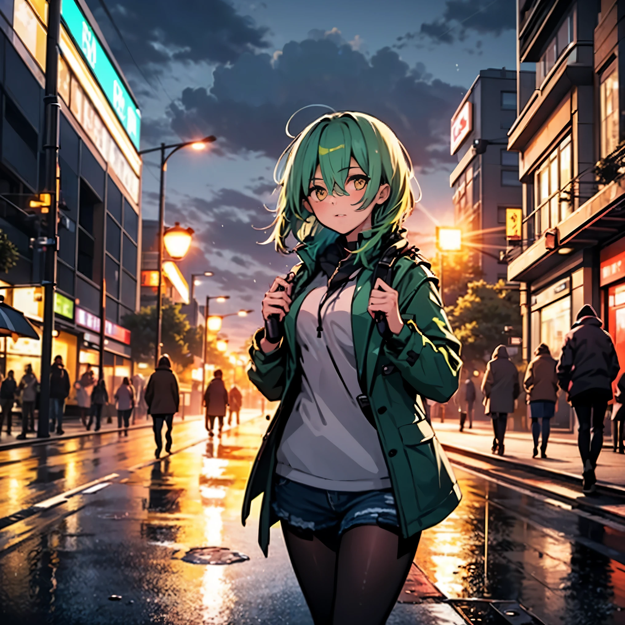 18 year old girl, short hair, greenish blue hair, yellow eyes, black black jacket, Jeans Shorts, On the streets of London, Cloudy weather, light rain, highlight, 4K, excellent anatomy, wearing pantyhose, masterpiece