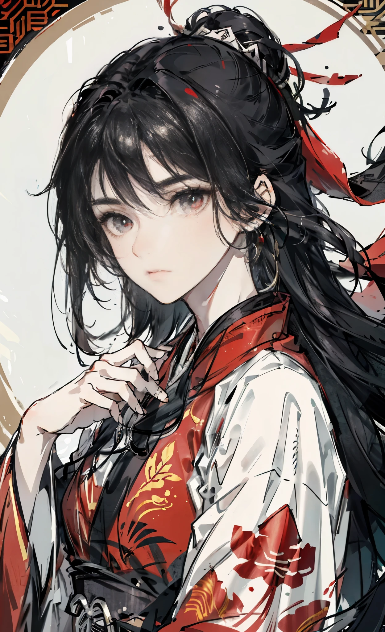 Mature girl, black hair, floating hair, delicate eyes, red pupils, heroine, black and red antique damask hanfu, FOV, f1.8, masterpiece, complex scene, gorgeous portrait shot,more details,Icy stare,