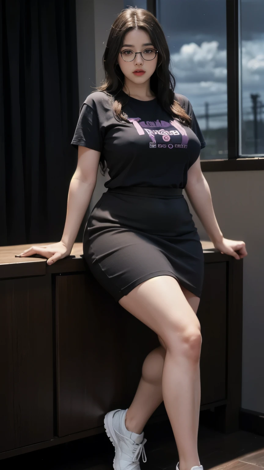 A beautiful beauty, long black hair, big eyes, round face, t-shirt , tight purple metalic skirt, sneakers , slightly fat, plump and sexy, delicate facial features, in the room, dark room, dark sky and dark clouds, HD, high quality, the best picture quality, extreamly thight skirt, glasses, chubby thighs, 45 years old woman 