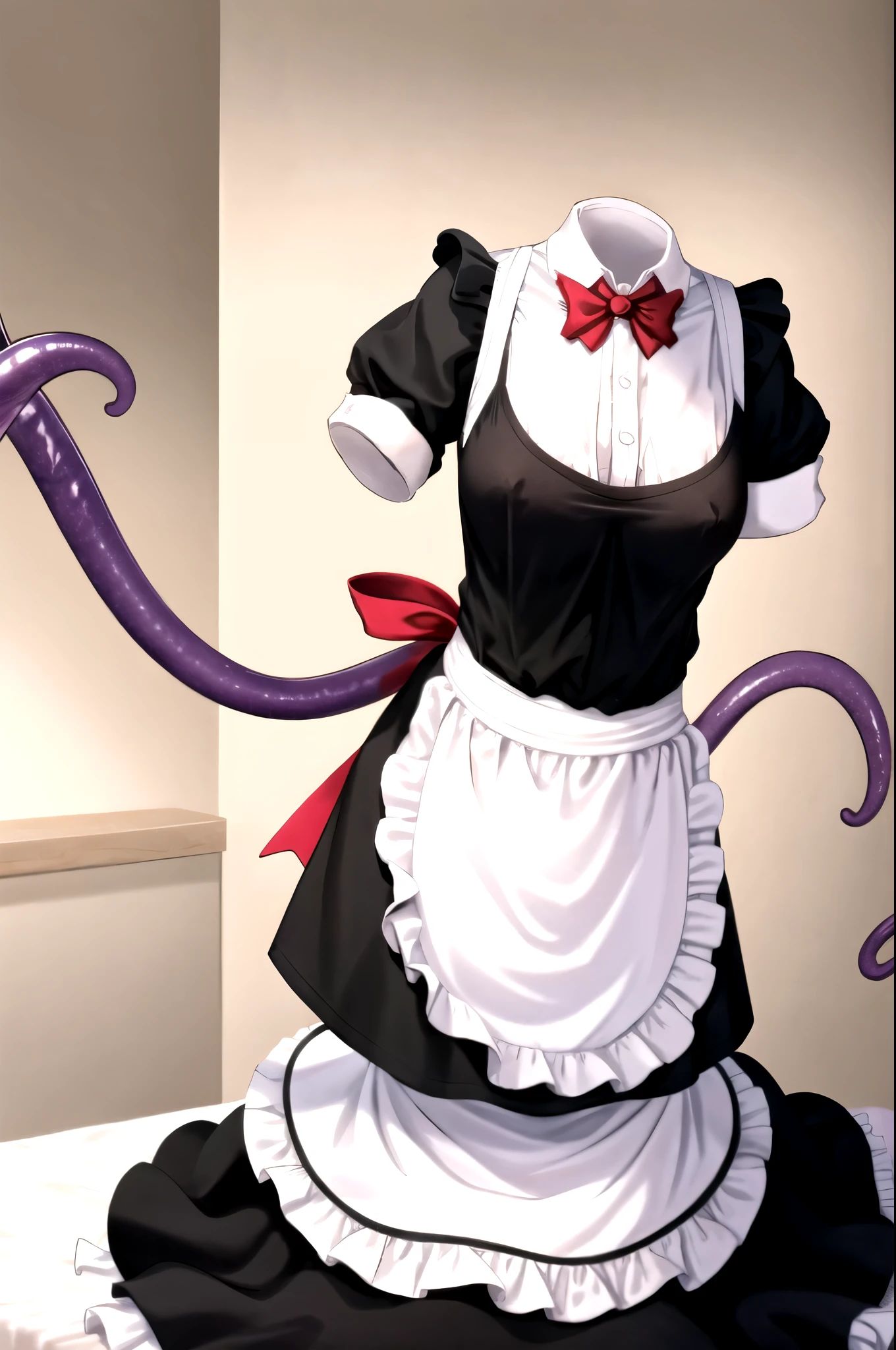 masterpiece, best quality, 1girl, mature female, invisible, maid dress, ((((no humans)))), (headless), enormous breasts, sagging breasts, oversized breasts, (quadruple amputee), anime, laying on bed, curves, maid dress, sleeping, visible_nipples, short sleeves, red neck ribbon, tentacles, tentacle mass, tentacles manipulating maid dress, tentacles controlling maid dress, tentacles stroking maid dress