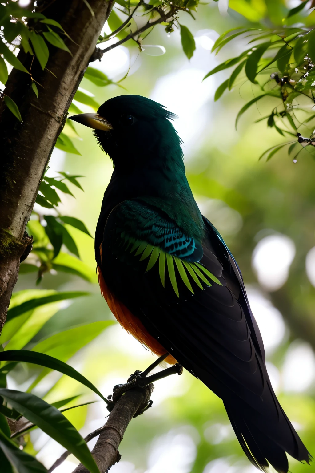 In the heart of a complex rainforest, a beautiful bird perches on a branch, basking in the ethereal sunrise light. The forest's dense foliage creates a volumetric lighting effect, casting intricate shadows and highlights on the bird's vibrant plumage. Captured in a picture, the image is a testament to the best quality and highest detail that photography has to offer. The image resolution reaches an astounding 16k, with HD and 1080P capabilities that bring every feather's intricate texture to life. Crazy details can be observed, from the delicate patterns on the bird's wings to the shimmering sheen on