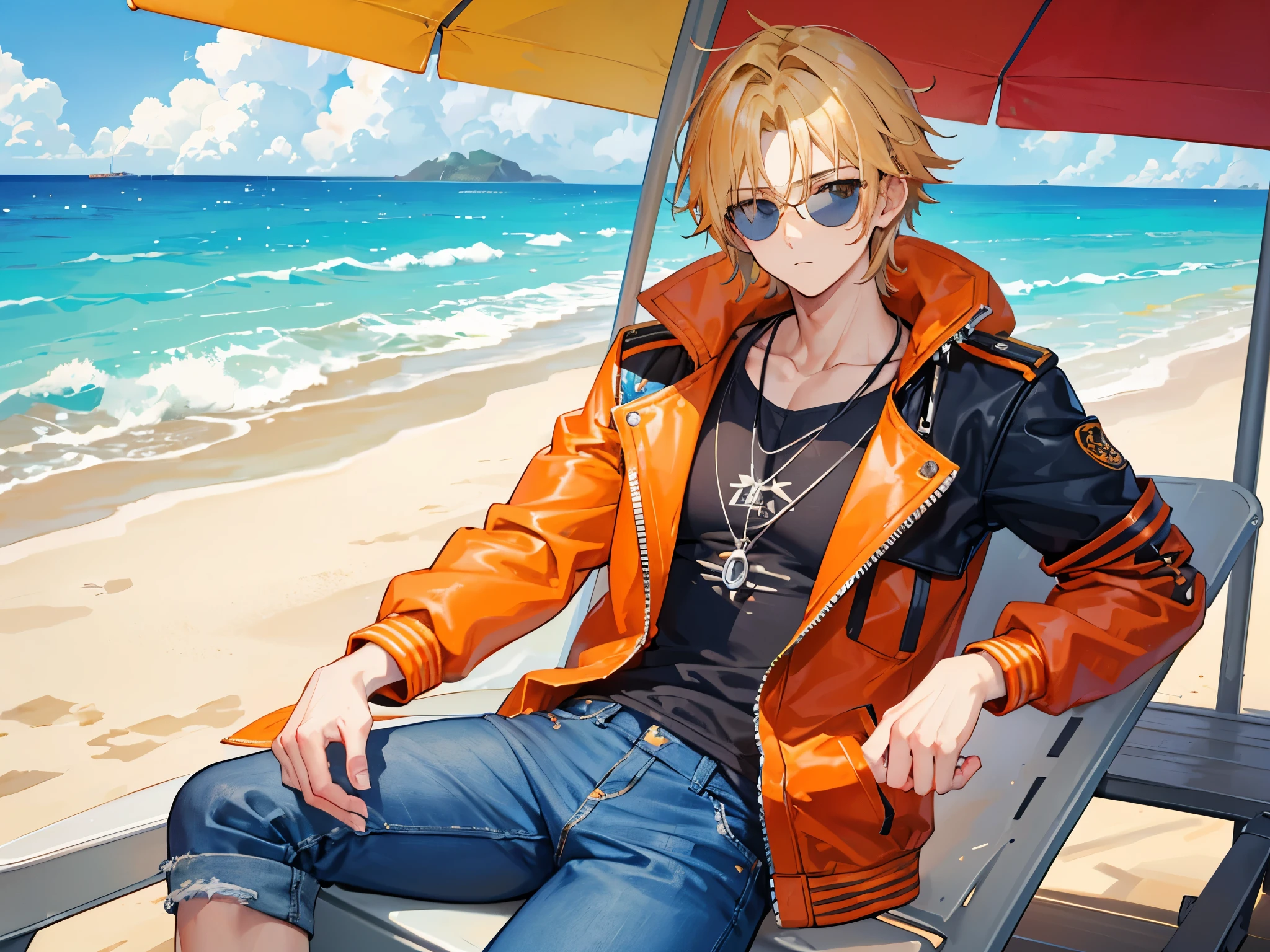 Tall, slightly muscular attractive male , surfer boy blond hair with orange yellow tint, open leather jacket with red undershirt, baggy navy blue jeans, white high tops and sunglasses resting on hair, resting on beach