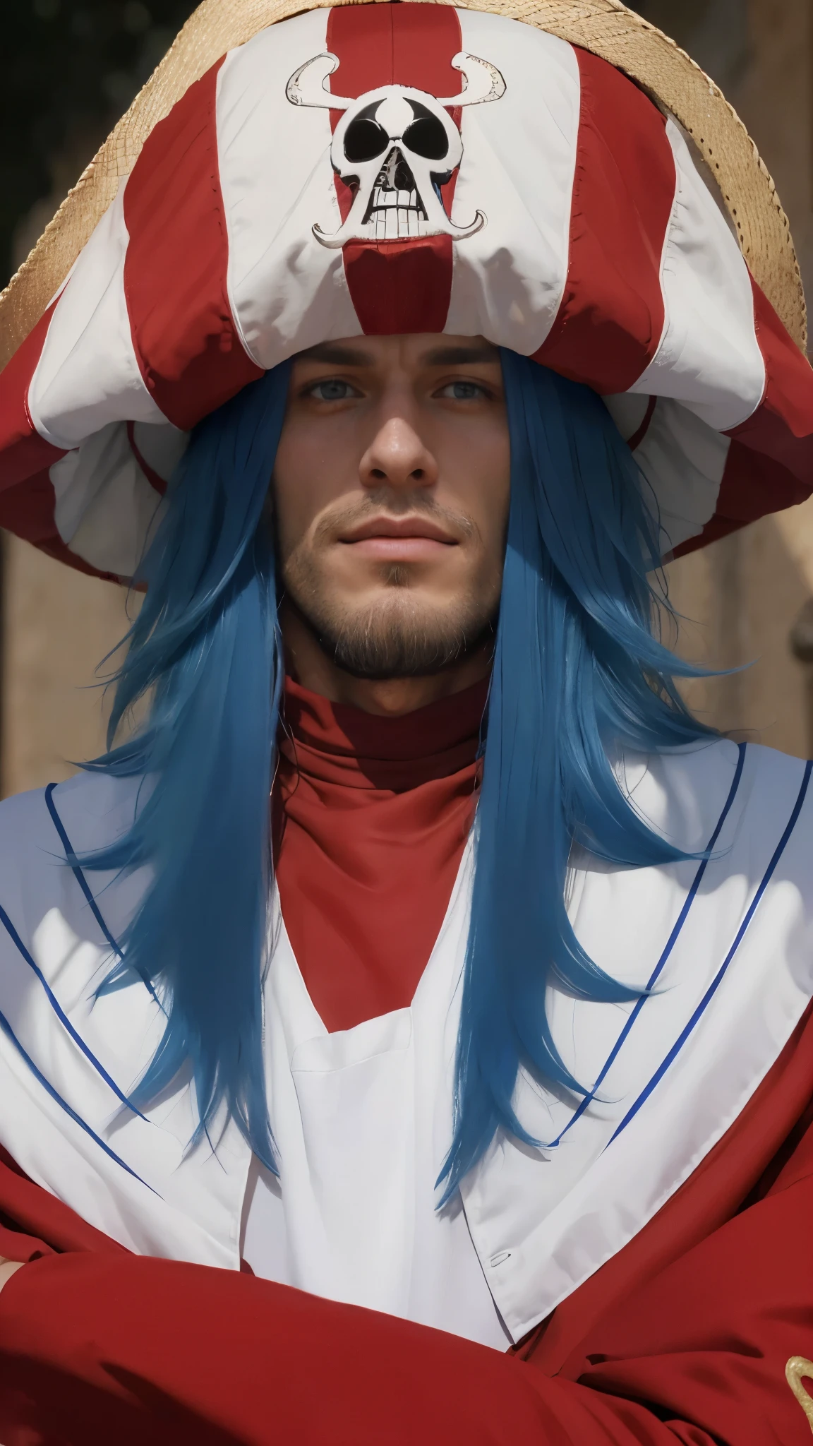 (masterpiece), (realistic), (ultra detailed), ( high reest quality), (photorealistic), (perfect face), (perfect anatomy), ((Franciscan)), man, male, solo, (((30 years old))), buggy from one piece, buggy, one piece, long hair, blue hair, wearing big hat