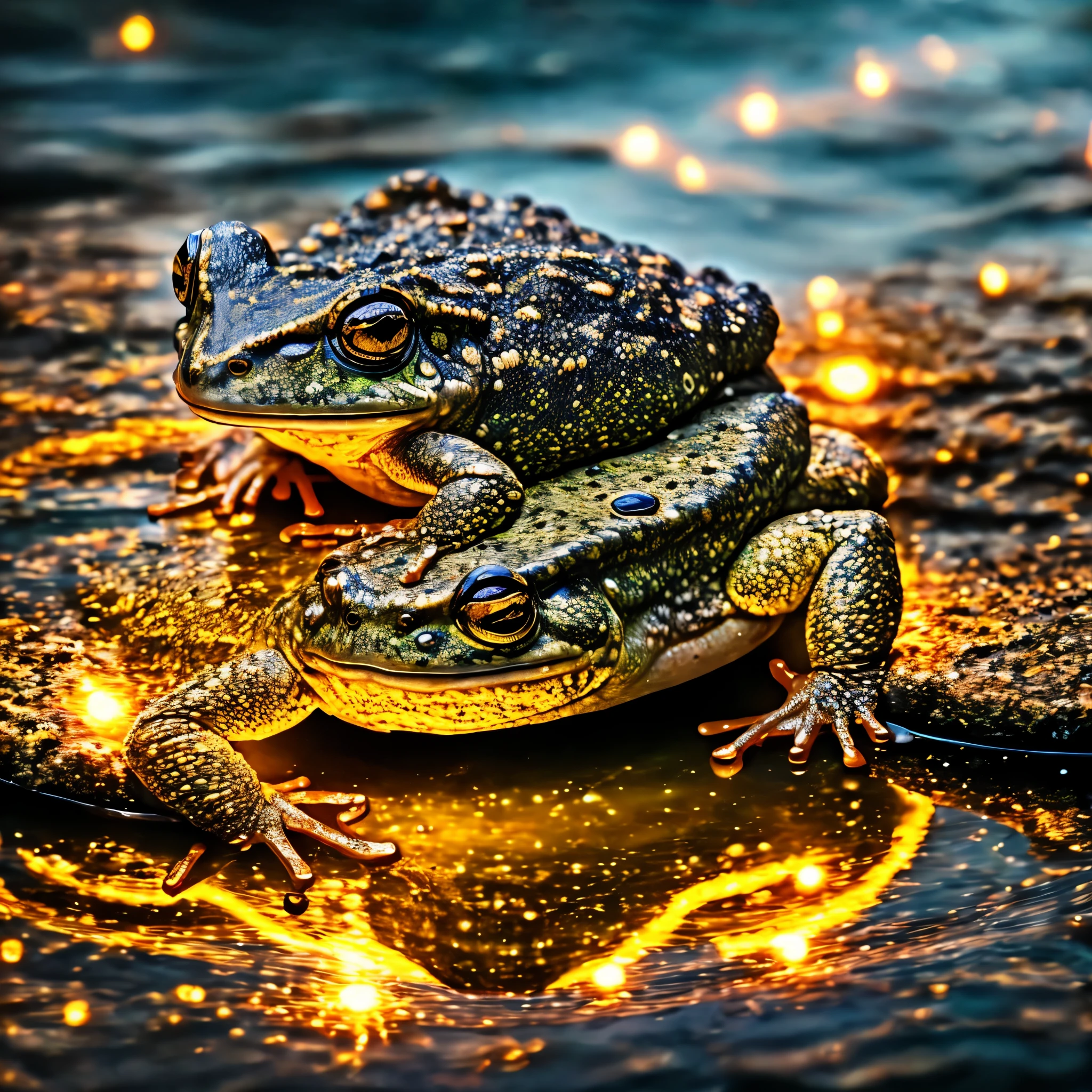 (best quality,4k,highres,masterpiece:1.2),ultra-detailed,(realistic,photorealistic,photo-realistic:1.37),infused with immense magic power, hovering over a moonlit pond, a small creepy toad floating in the air in a corona of lightning, vivid colors, eerie atmosphere, sparkling moonlight reflecting on the calm water, misty fog surrounding the scene, detailed texture of the toad's bumpy skin and warts, electrifying energy radiating from the lightning, creepy shadows cast by the toad, mysterious and enchanting, dark and haunting, strong contrast between light and dark, eerie glow illuminating the surroundings, intense and magical, supernatural aura, reflections of the toad and lightning in the pond, surreal and dreamlike, emphasis on the toad's mesmerizing eyes and intricate patterns on its back, mystical and otherworldly, the toad exuding an ancient and powerful presence, the sound of crackling electricity in the air.