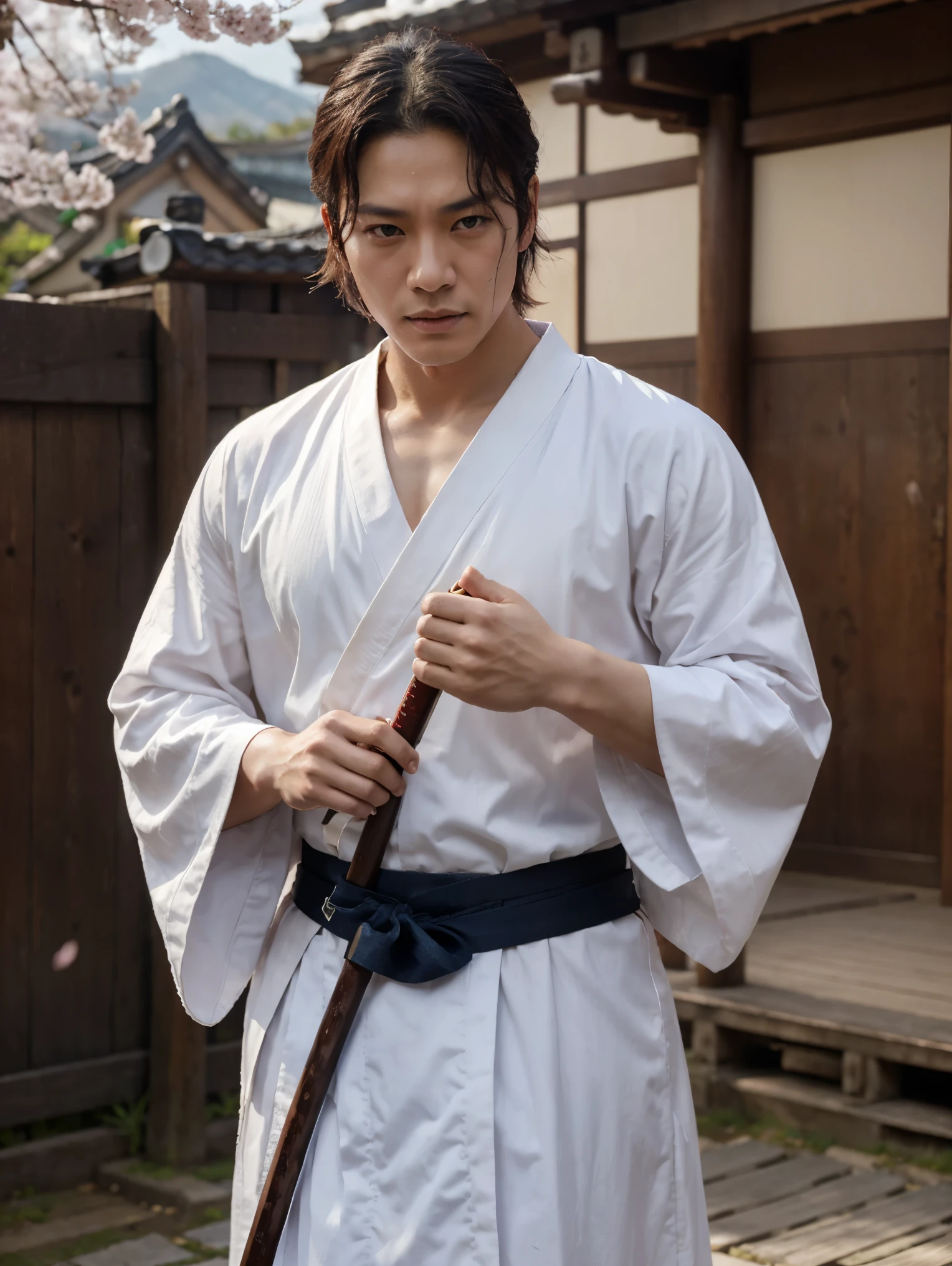 An Young man with traditional Japanese thinking，Real frontal photos，Authentic background，The background is a Japanese dojo，Japanese clothing，Young Face，20 year old Jujitsu，young eyes, male people style，slik black hair