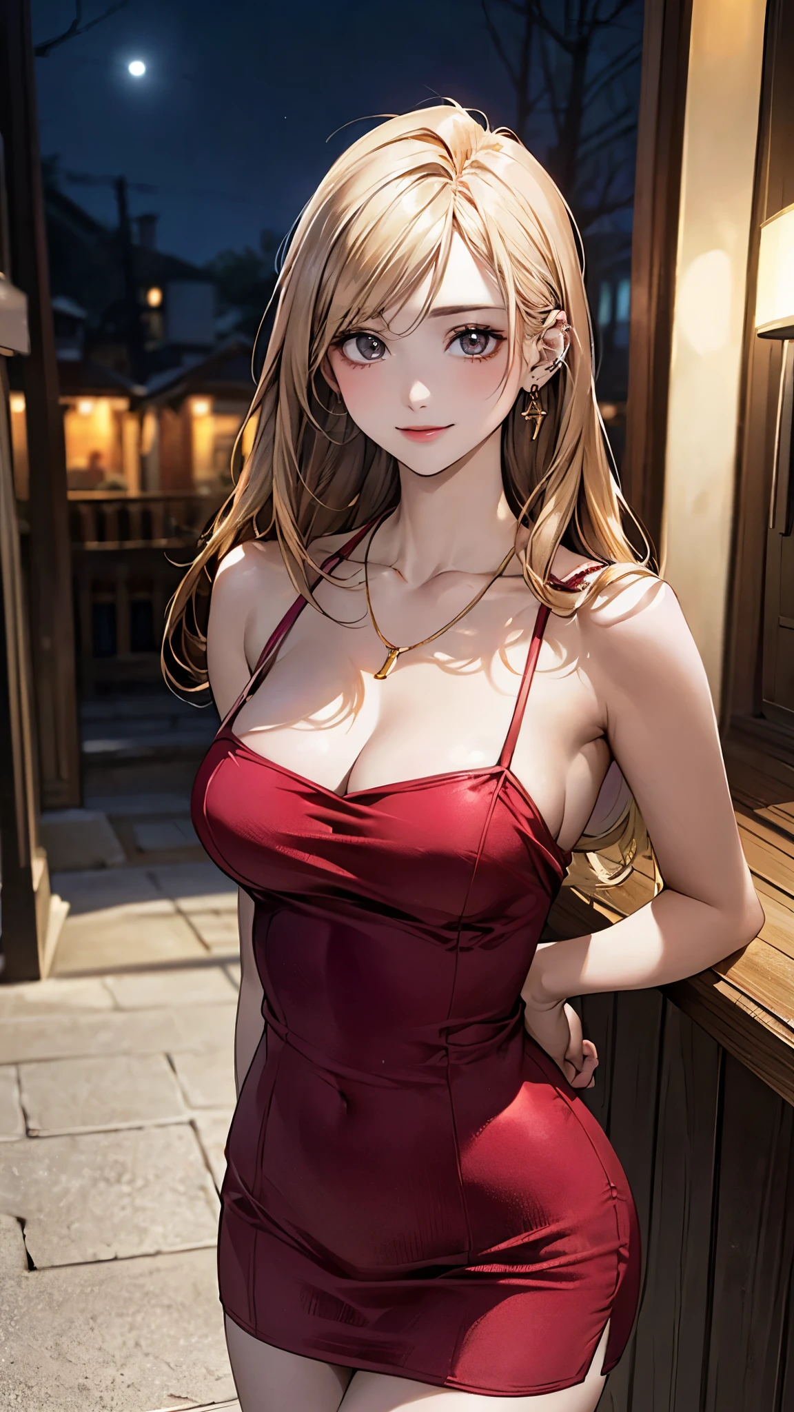 (masterpiece:1.2, top-quality), (realistic, photorealistic:1.4), beautiful illustration, (natural side lighting, movie lighting), 
looking at viewer, 1 girl, japanese, 17 years old, perfect face, perfect body, cute and symmetrical face, shiny skin, babyface, 
(long hair, straight hair, sideburns, hair intakes:1.2, blond hair), swept bangs, gold eyes, big eyes, (middle breasts, seductive thighs), piercings, 
beautiful hair, beautiful face, beautiful detailed eyes, beautiful clavicle, beautiful body, beautiful chest, beautiful thigh, beautiful legs, beautiful fingers, 
((red shorttubedress), necklace), 
(beautiful scenery), night, (bar), walking, (lovly smile, upper eyes), 