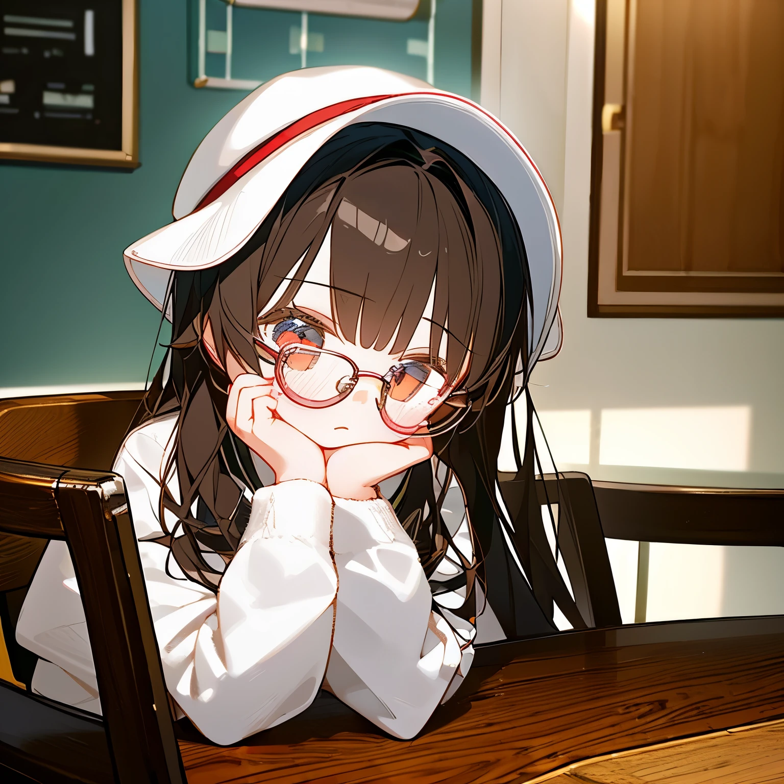 (best quality,masterpiece:1.3),((cute 1 girl:1.2)),(,8 years old:1.4), expressive eyes, perfect face, eye (red), Simple White Headphones, Bucket Hat, wolf hair Black, Round Glasses Black, Tote Bag, white oversize shirt, cafe, low view