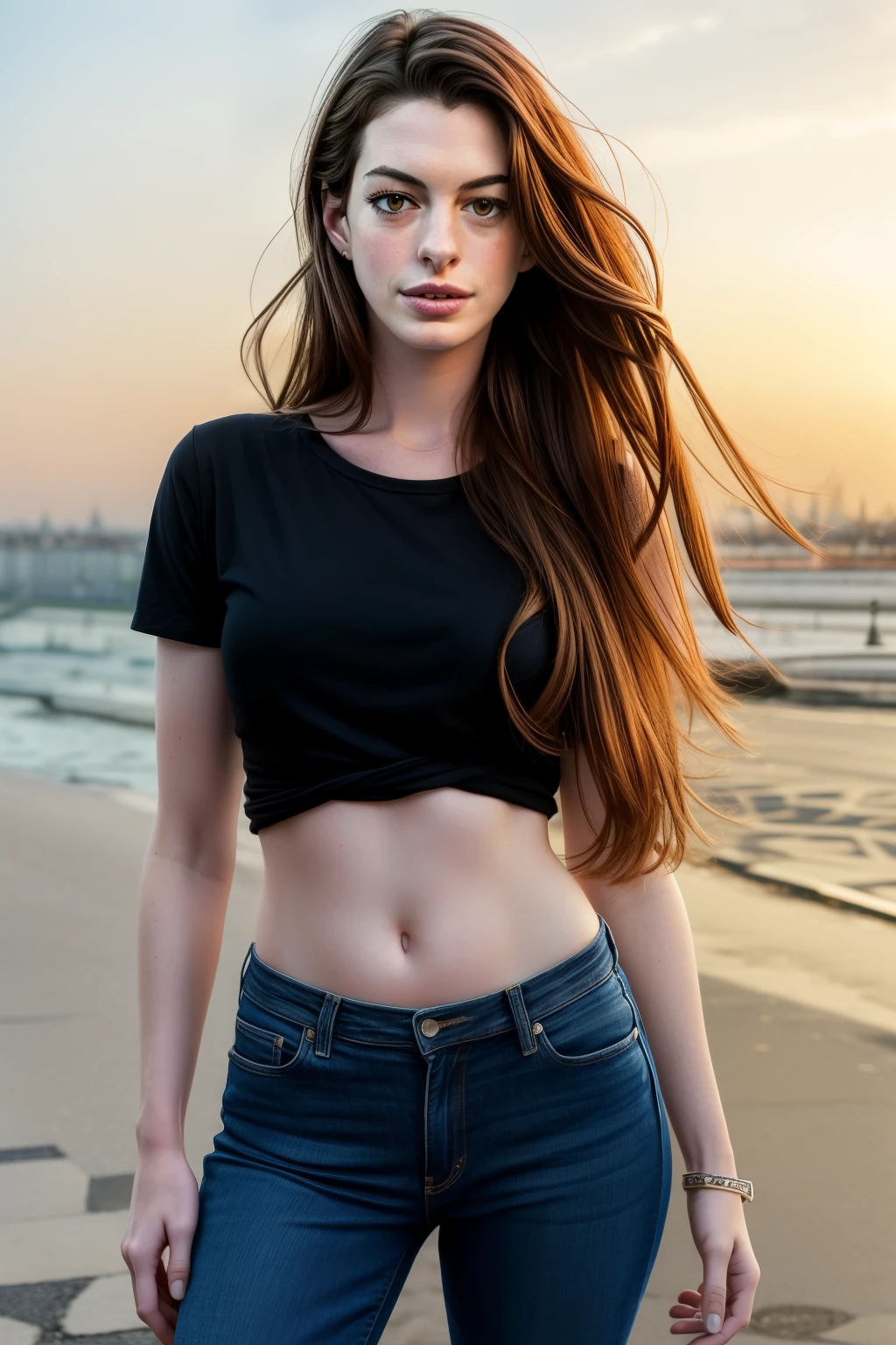 A photo ((portrait)) of a young Anne Hathaway in paris, looking at the viewer. long hair, thin lips, red, flirting with the camera. Wearing dark jeans and a black T-shirt.