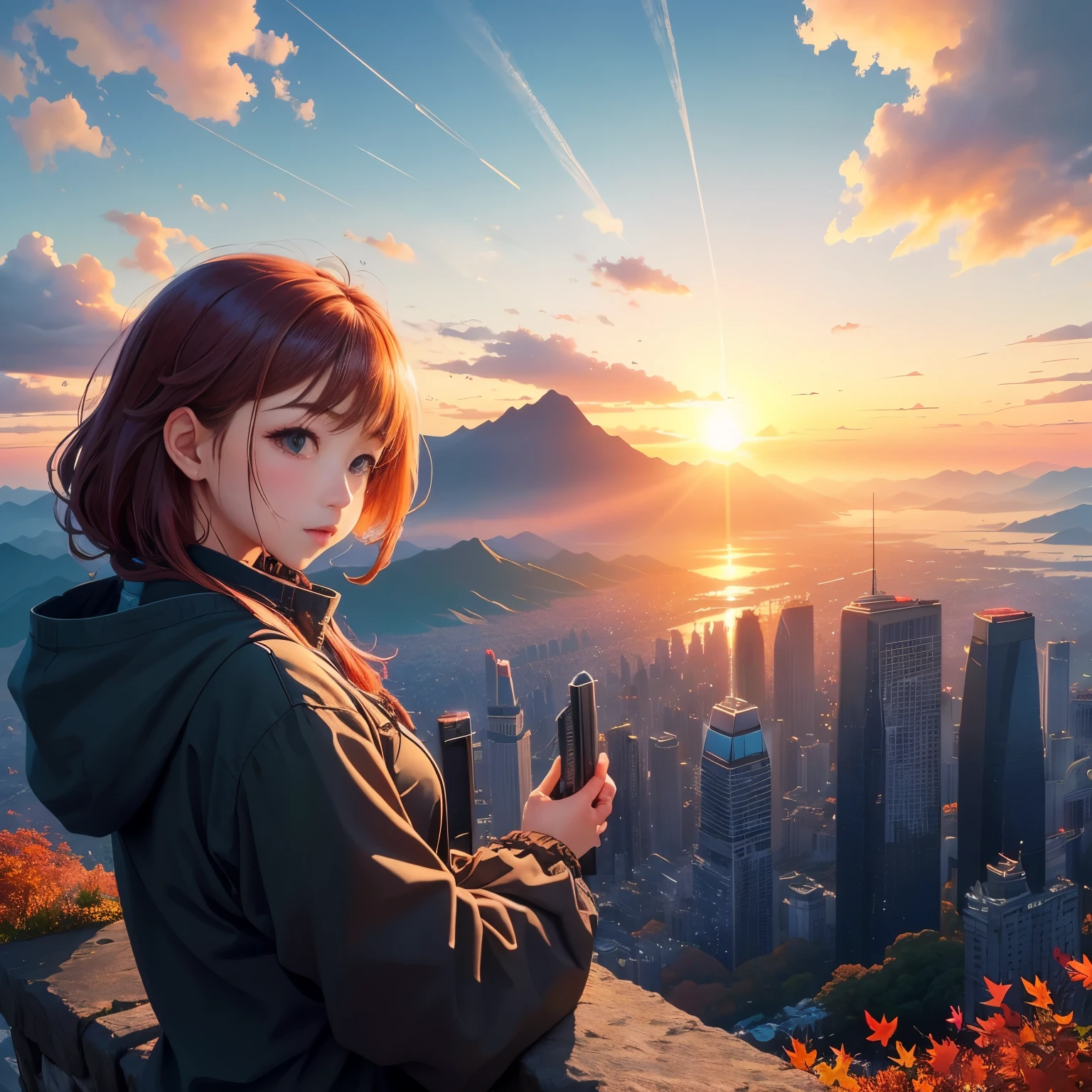 realistic,A vast city spreads out、The sun rises over the skyscraper army、The morning sun is beautiful、horizon,Xu々The sky is getting brighter、Huge autumn clouds、Bright colors、Girl watching from distant mountain top