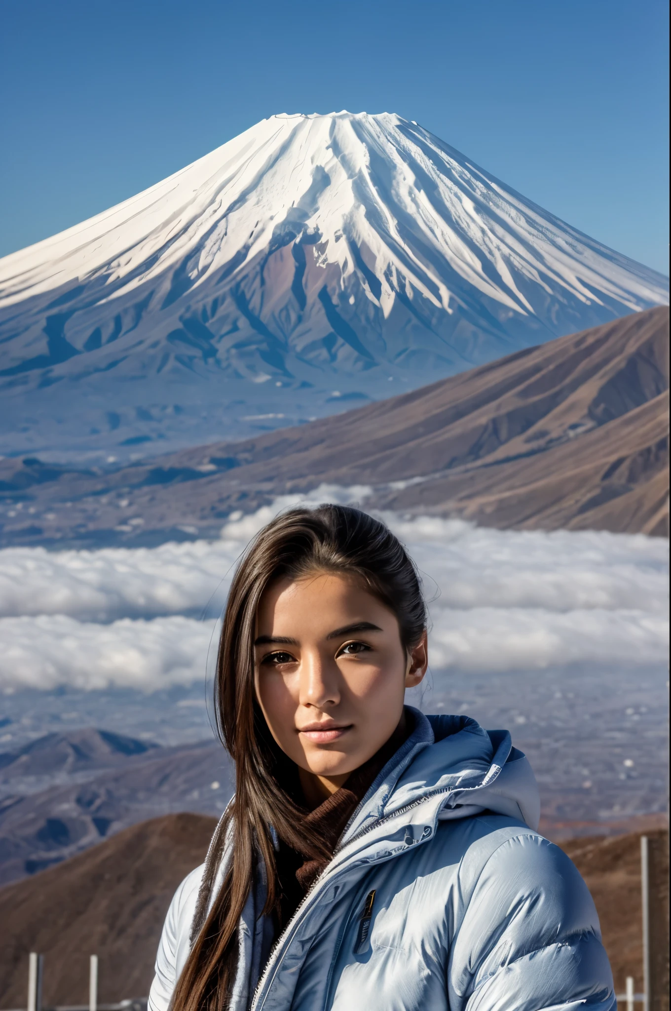 masterpiece, best quality, photorealistic, (distant view), (a beautiful Italian model), 26yo, mount fuji, extremely detailed background, morning, in winter, very detailed face
