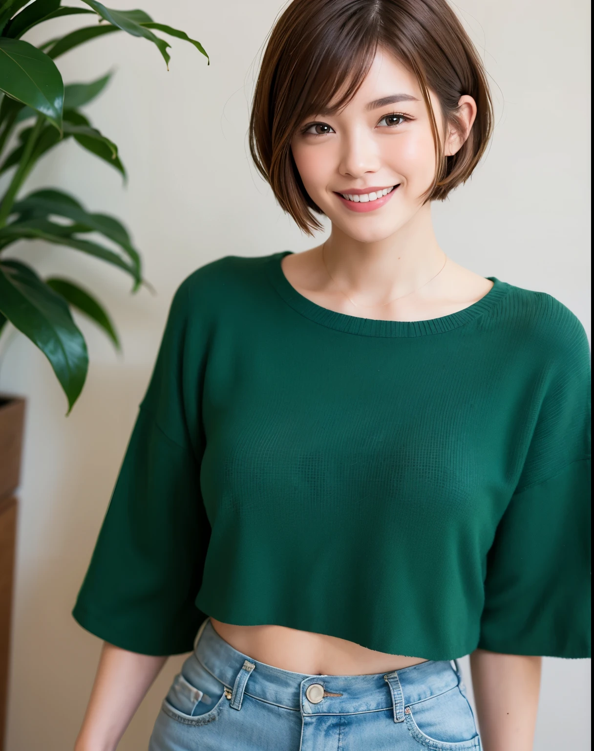 Very short hair, cropped, smiling, brown hair