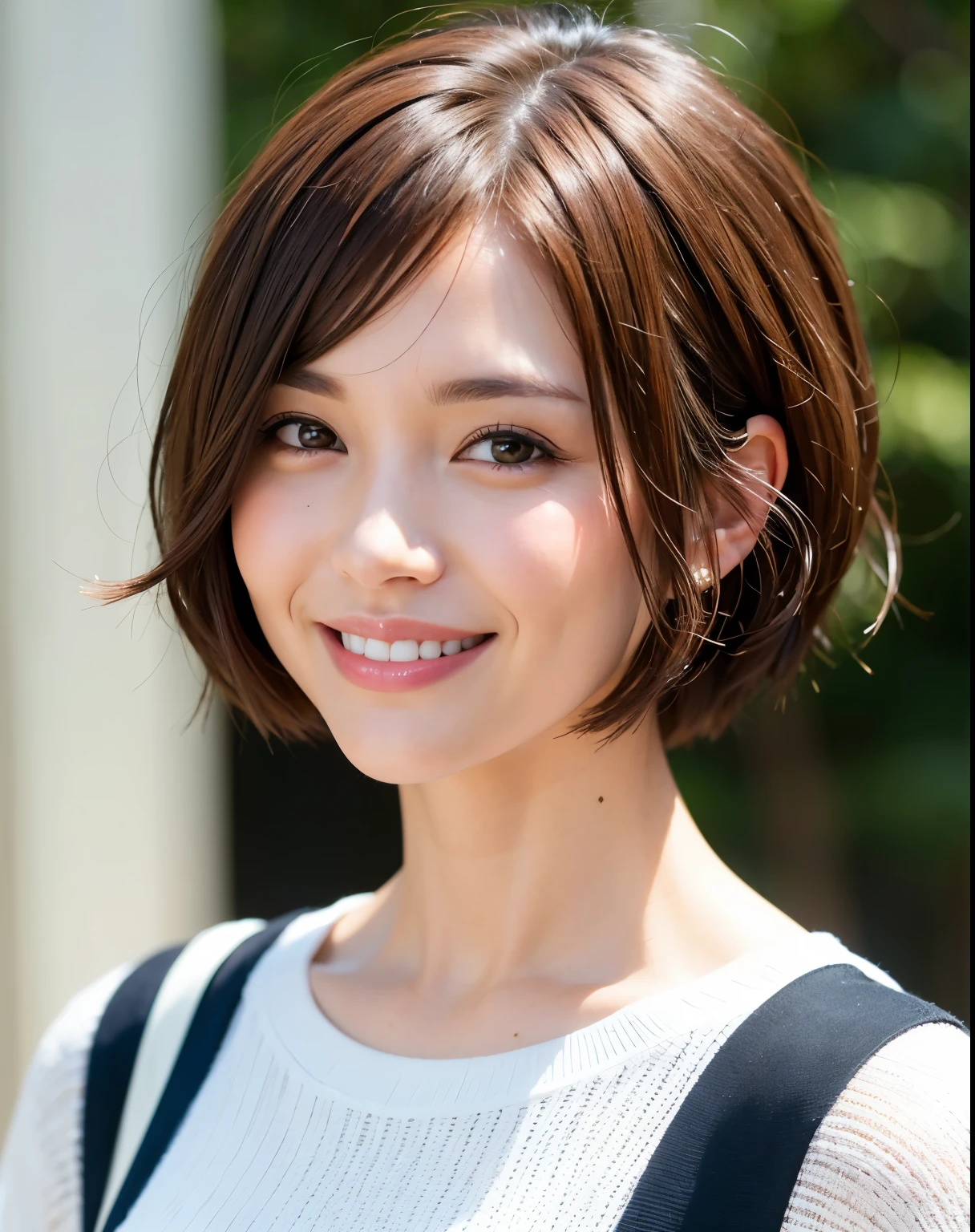 Very short hair, cropped, smiling, brown hair