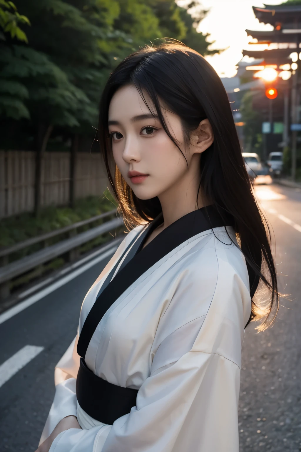 A 20-year-old Japanese supermodel girl,black hair,Ukiyo-e kimono,Japan Highway Background,a ray of light,Face light and shadow,sunset,Photographed by Yui Aragaki,6 o'clock