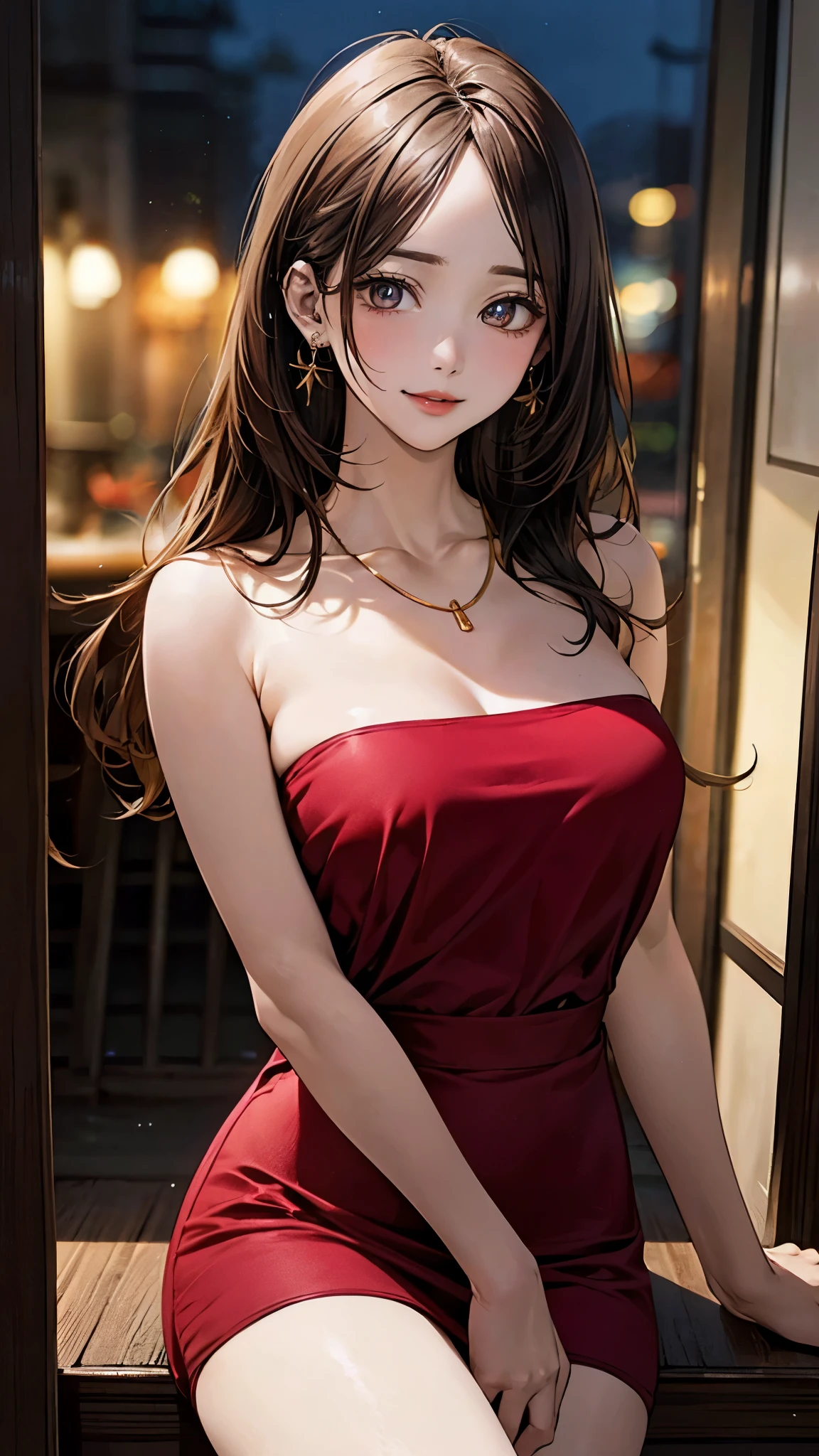 (masterpiece:1.2, top-quality), (realistic, photorealistic:1.4), beautiful illustration, (natural side lighting, movie lighting), 
looking at viewer, 1 girl, japanese, 17 years old, perfect face, perfect body, cute and symmetrical face, shiny skin, babyface, 
(long hair, straight hair, sideburns, hair intakes:1.2, blond hair), swept bangs, gold eyes, big eyes, (middle breasts, seductive thighs), piercings, 
beautiful hair, beautiful face, beautiful detailed eyes, beautiful clavicle, beautiful body, beautiful chest, beautiful thigh, beautiful legs, beautiful fingers, 
((red dress, bandeau top), necklace), 
(beautiful scenery), night, (bar), walking, (lovly smile, upper eyes), 