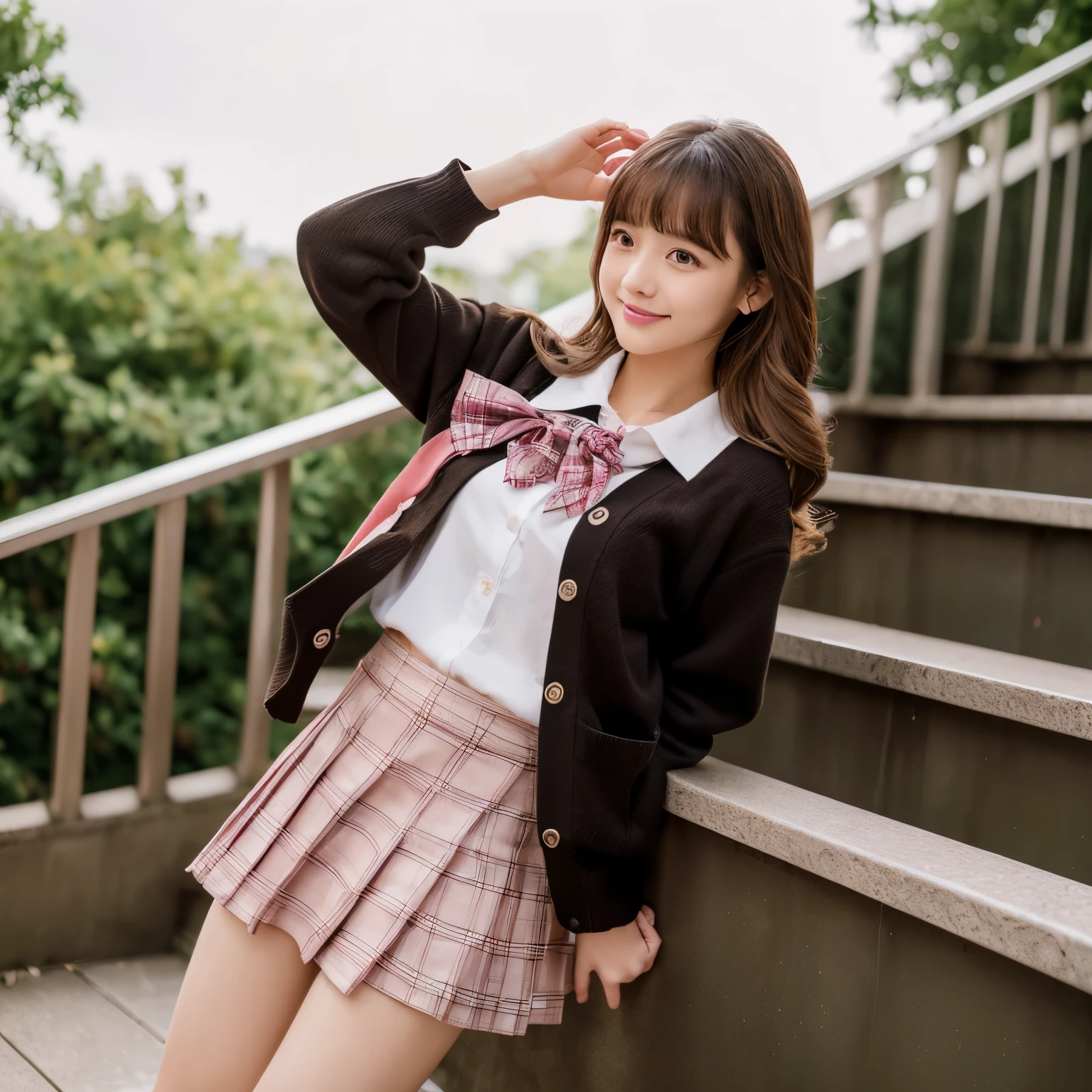 ((table top, highest quality, High resolution, nffsw, perfect pixel, 4K, nffsw, nffsw))), 1 girl, single, alone, beautiful woman、I could see the whole body、 ((middle wavy hair, bangs, brown hair)), ((brown eyes, beautiful eyelashes, realistic eyes)), ((detailed face, blush:1.2)), ((smooth texture:0.75, realistic texture:0.65, realistic:1.1, Anime CG style)), medium breasts, dynamic angle, perfect body, ((red bow tie, school uniform, black jacket, open jacket, Brown cardigan, white shirt, black skirt, plaid skirt)), City staircase、Angle looking up from the bottom of the stairs、Very embarrassing panic smile, looked back、leaning forward、(The wind flipped my skirt and exposed my butt..........................、Touching the buttocks with both hands、pink floral lace panties)、