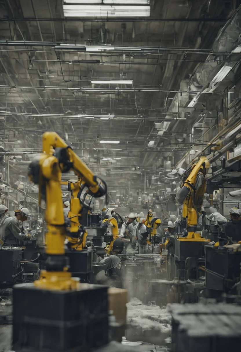 People working in a factory stream, like robots, a day at work, real labor, 4k images.