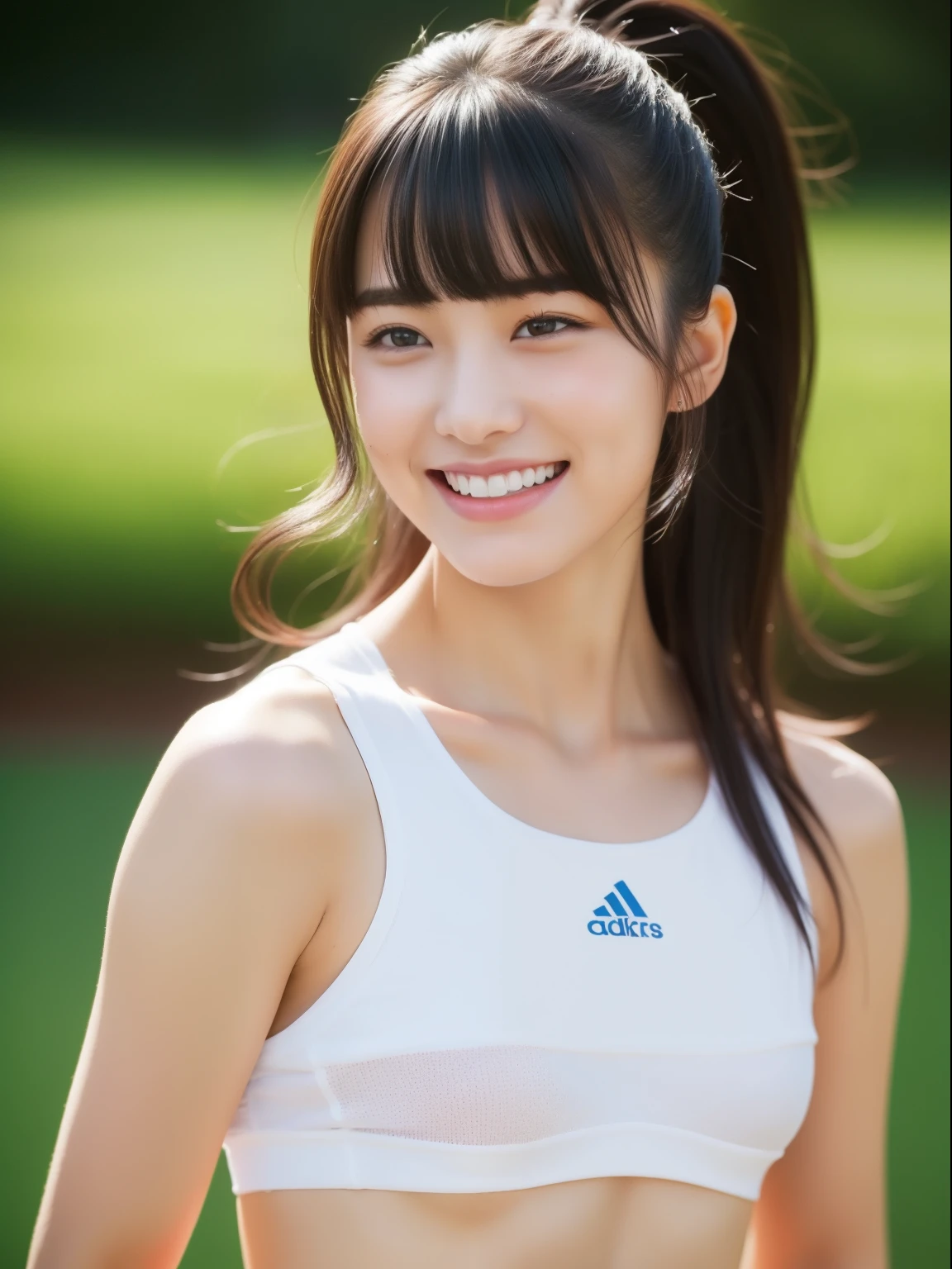 Beautiful woman、18-year-old 、Full Body Shot、Sweat、Sportswear、Arena、bangs、Turning around、