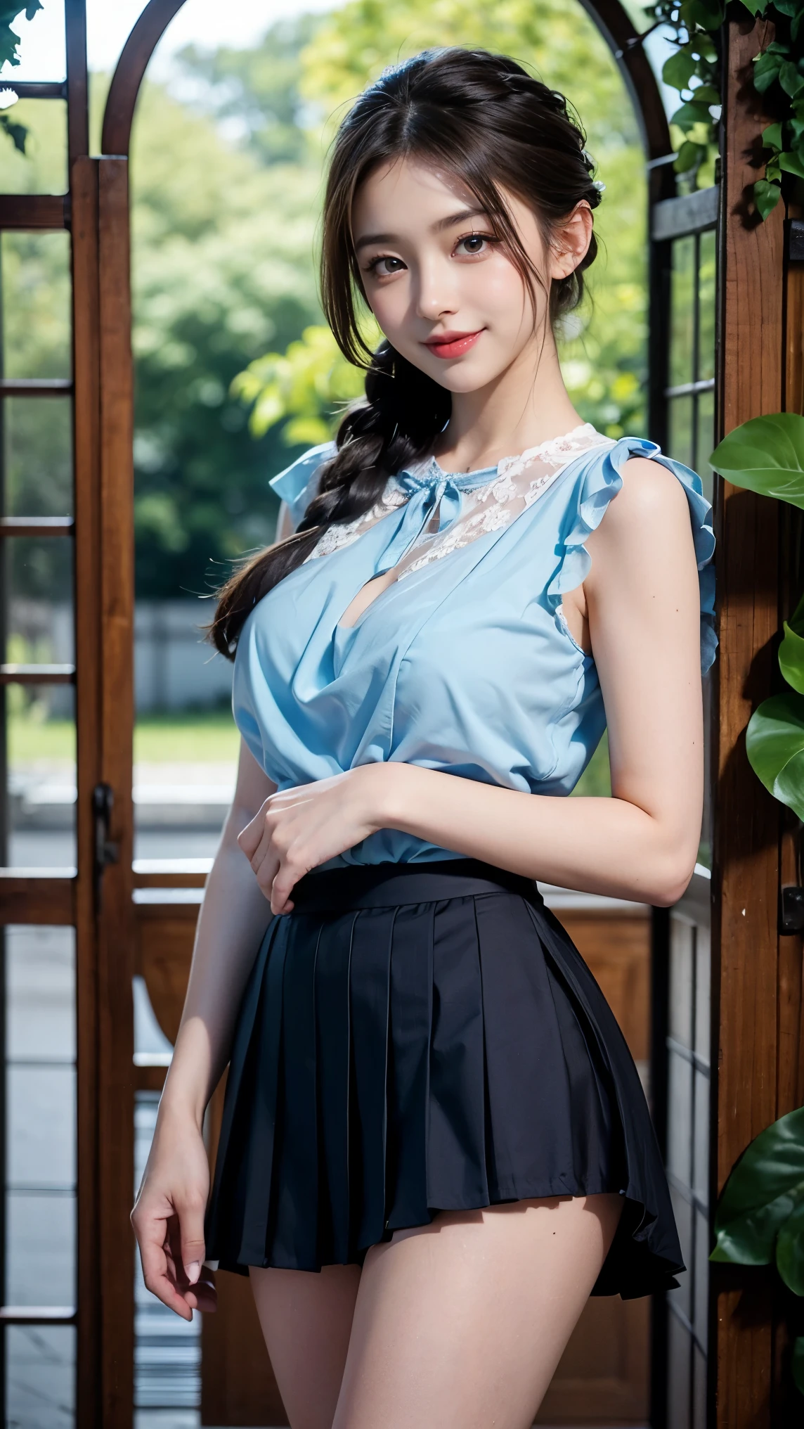 Masterpiece, Best Quality, Very Detailed, 8k, Photorealistic, soft focus, beautiful detailed eyes, detailed face, double eyelid, 1girl, solo, beautiful skin, real human skin, beautiful girl, Japanese idol, cute girl, (french braid:1.3), in a natural botanical garden, A beautiful girl standing,(at an Arched gate decorated with colorful flowers:1.2), beautiful cleavage, BREAK,(Blue chiffon blouse:1.3), BREAK,(White pleated skirt:1.3), and red lace underwear,BREAK,charming smile, sexy lips, moist lips, double eyelids, Full-body, maiden in love, a lustful smile, (happiness smile:1.2), 20 years old beautiful girl, model pose, standing with legs apart, POV From below, (She lifts her skirt up to her chest:1.3),(show your underwear to the viewer:1.2),NSFW