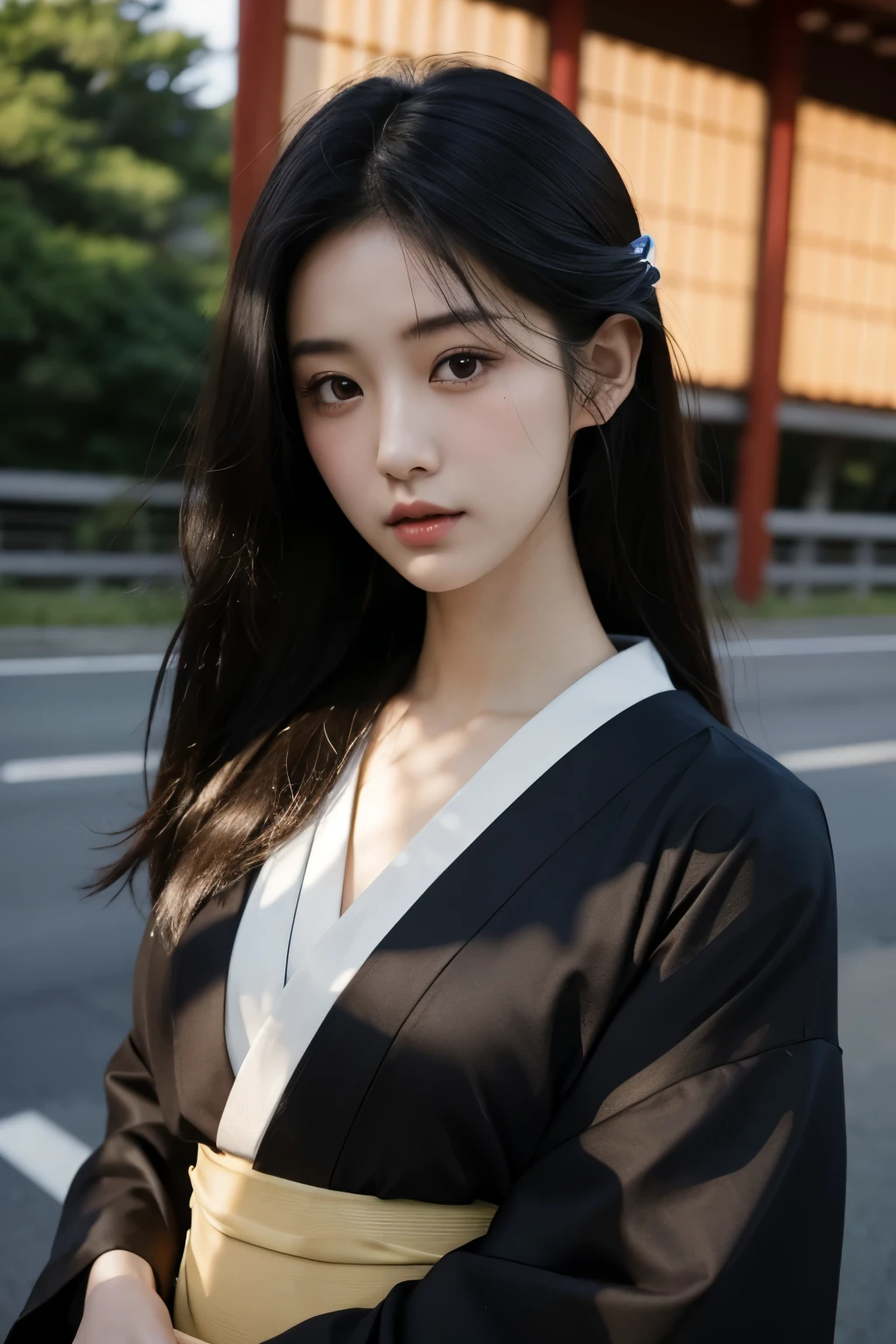 A 20-year-old Japanese supermodel girl，black hair，Ukiyo-e kimono，Japan Highway Background，a ray of light，Face light and shadow，Photographed by Yui Aragaki，6 o&#39;clock