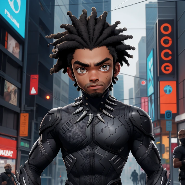 Cyberpunk, CIDADE, 1 negro, filho do Black Panther Cabelo crespo, pele escura, olhos pretos, ciborgue em uma rua perigosa, corajoso , e esperto, forte e rapido, ao fundo rio de janeiro cristo redentor