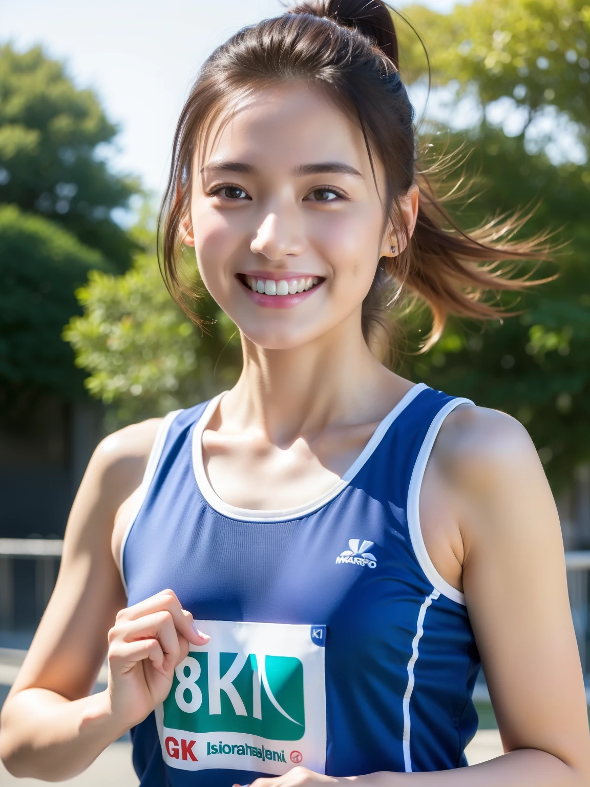 (masterpiece,highest quality:1.4),(8K,RAW photo,photo-realistic:1.2),(shiny skin),fine skin,detailed face,fine eyes,1 girl,Upper body,japanese idol,very beautiful face,smile,Girl Running,Wearing sportswear ,outdoor