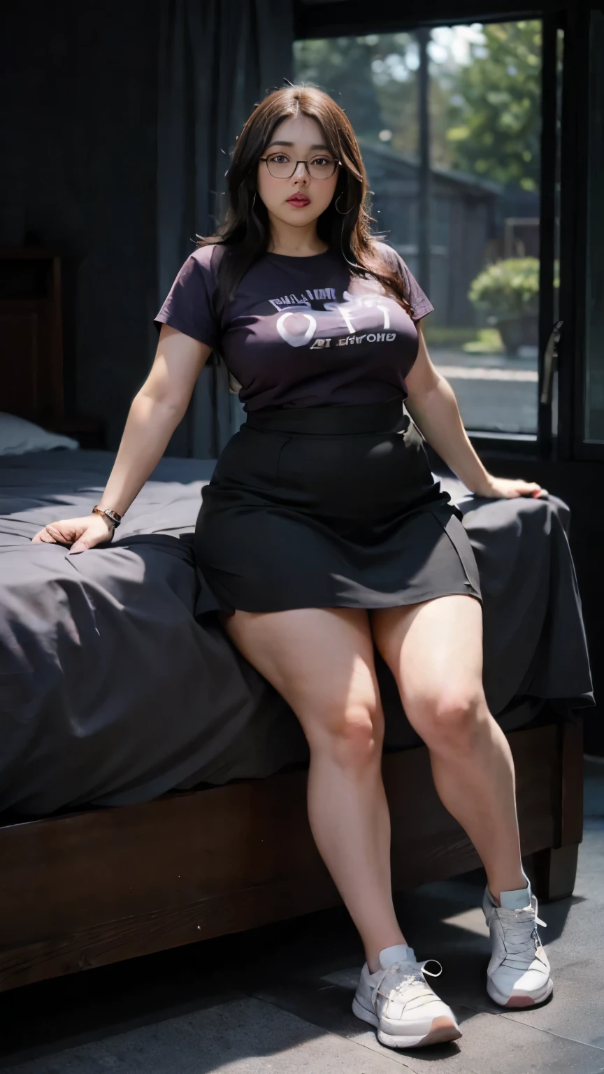 A beautiful beauty, long black hair, big eyes, round face, t-shirt , tight purple metalic skirt, sneakers , slightly fat, plump and sexy, delicate facial features, in the room, dark room, dark sky and dark clouds, HD, high quality, the best picture quality, extreamly thight skirt, glasses, chubby thighs, 40 year old woman,