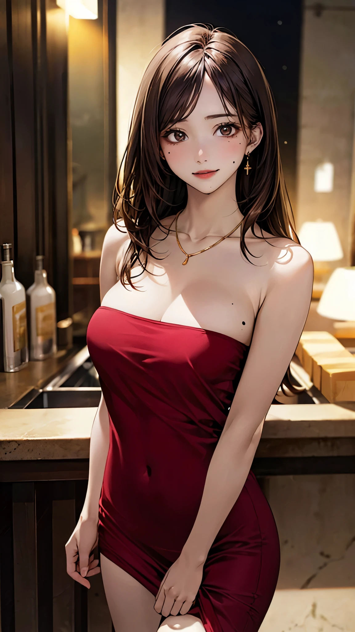 (masterpiece:1.2, top-quality), (realistic, photorealistic:1.4), beautiful illustration, (natural side lighting, movie lighting), 
looking at viewer, 1 girl, japanese, , perfect face, perfect body, cute and symmetrical face, shiny skin, babyface, 
(long hair, straight hair, sideburns, hair intakes, blond hair), swept bangs, gold eyes, big eyes, (middle breasts, seductive thighs), piercings, (mole:0.9), (mole breast:1.23), (:0.85), 
beautiful hair, beautiful face, beautiful detailed eyes, beautiful clavicle, beautiful body, beautiful chest, beautiful thigh, beautiful legs, beautiful fingers, 
((red dress, bandeau top), necklace), 
(beautiful scenery), night, (bar), walking, (lovly smile, upper eyes), 