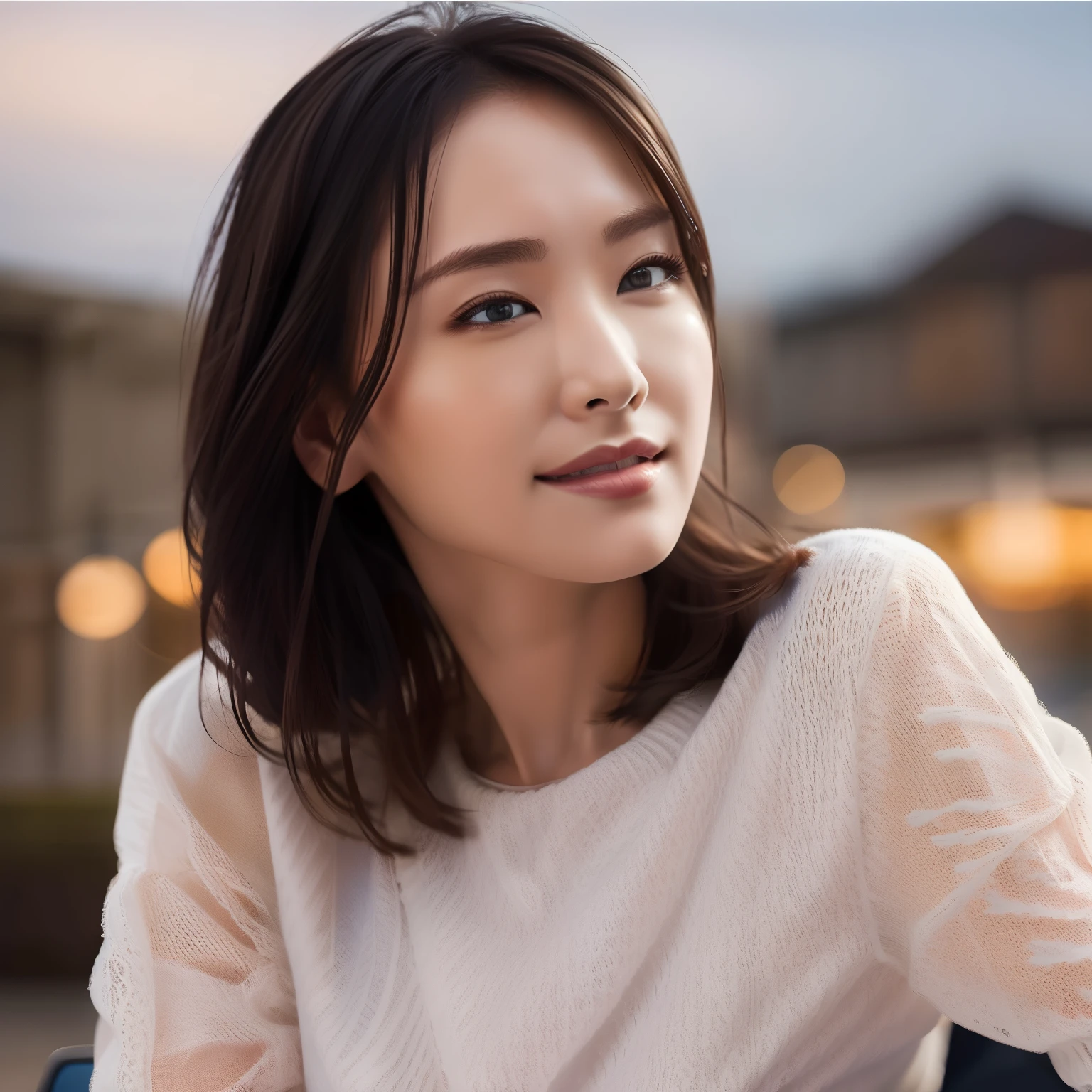 (8K, highest quality, masterpiece:1.2), (realistic, photo-realistic:1.37), super detailed,((( 1 girl))),alone,beautiful and detailed sky,Detailed cafe,night,sitting,date,(blush your nose),(smile:1.15),(closed mouth) small breasts,beautiful and fine eyes,(shirt:1.1), night, Wet, rain,white lace, (short hair:1.2),Floating hair NovaFrogStyle, ((whole body)),stand, sexy, cute