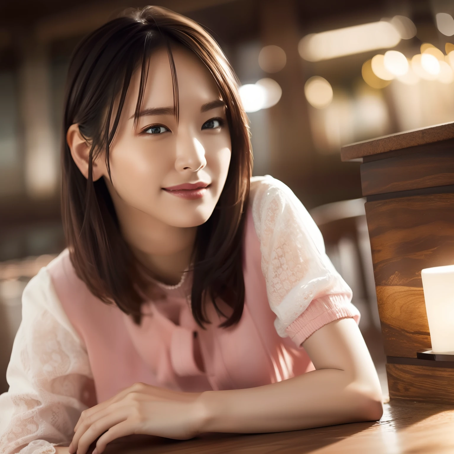 (8K, highest quality, masterpiece:1.2), (realistic, photo-realistic:1.37), super detailed,((( 1 girl))),alone,beautiful and detailed sky,Detailed cafe,night,sitting,date,(blush your nose),(smile:1.15),(closed mouth) small breasts,beautiful and fine eyes,(shirt:1.1), night, Wet, rain,white lace, (short hair:1.2),Floating hair NovaFrogStyle, ((whole body)),stand, sexy, cute