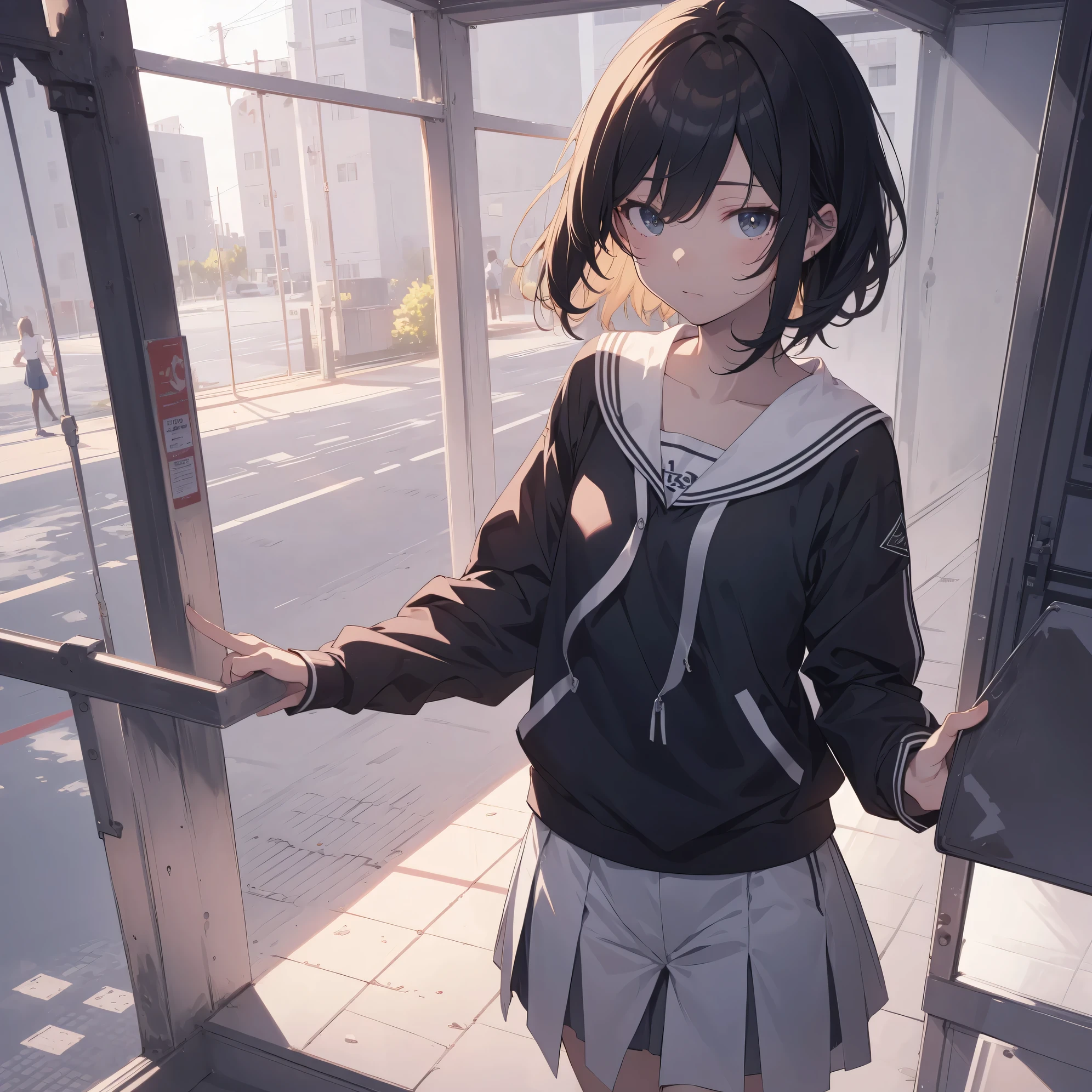 Super high quality by the art god, super detailed, High resolution, AI generated, anime moe art style, best anime 8K konachan wallpaper, pixiv contest winner, perfect anatomy, break,(眠そうにalone学校へ行く女の子を描いてください. ),break, 1 girl, (alone,ta, , 13 y),All limbs, full finger,, androgynous charm, (very short hair), messy hair, flat chest, Because I'm slender, small ass, between legs, Small black eyes, beautiful and fine eyes, Well-proportioned iris and pupils, expressive eyes,disgusted eyes, High resolutionの詳細な髪, wearing school uniform, (skirt),(detailed lighting), (detailed background), On the way to school. break,super dense skin, Best lighting by famous artists, 8K, figure,UHD, rough skin
