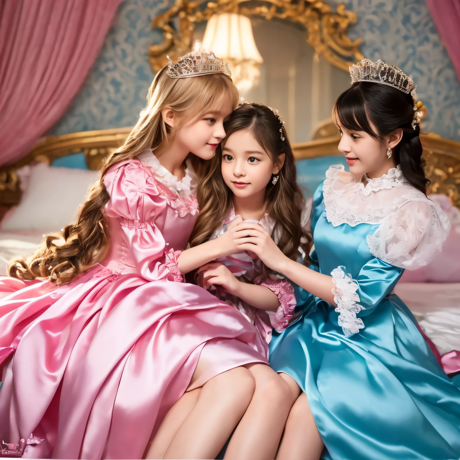 ,highest quality, masterpiece, highest resolution, artwork, super それにget used to it, many get used to it, get used to it, それにget used to it, 3K realistic photos,,((女の子)),Super detailed baby face,the two girls are princesses,Full length ball gown dress with hoop skirt,ruffled yoke collar,puff sleeves,long sleeve,((Lolita style pink detailed princess satin dress、Comes with lots of frills and ribbons。)),colorful rococo fashion,shiny satin dress,Soft and smooth fabric,luxury,long blonde hair,blue eyes,white skin european,pajamas,((inside the palace)),,,(( 10 years old)),Sd baby face,Full length ball gown dress with hoop skirt,long skirt,ruffled yoke collar,puff sleeves,腰まで伸びるlong blonde hair,blue eyes,white skin european,pajamas,((inside the palace bedroom)),シルクサテンのluxuryなcanopy bedの上,canopy bed,Luxurious curtains on both sides of the bed,many frilly pillows on the bed,super detailed background,Detailed bed,romantic atmosphere,two little princesses on the bed,Two people hugging each other,((((Both legs are hidden in the dress)))),the dress is spread out on the bed,soft silk satin comforter,soft silk satin ruffled pillow,Beautiful girl illustration,detailed beautiful face detailed hair,detailed human eye ,detailed mouth, arm details,fine hands,Detailed pillow,