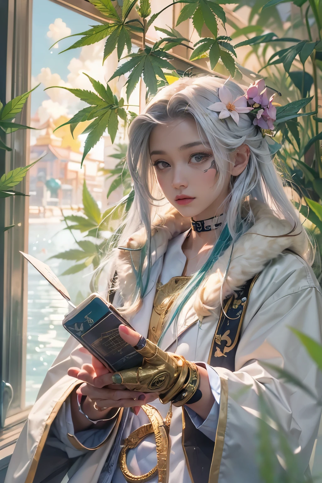 ((athletic ((tall ((Mongolian)) Pokemon professor)) outside writing equations on a whiteboard, (wearing gilded butterfly detailed white coat and professional uniform), (wearing snake choker), (visible cannabis flower tattoos), high quality photo, mischievously standing in the garden (with copious tall cannabis sativa plants and pokeballs surrounding scene during foggy sunrise)