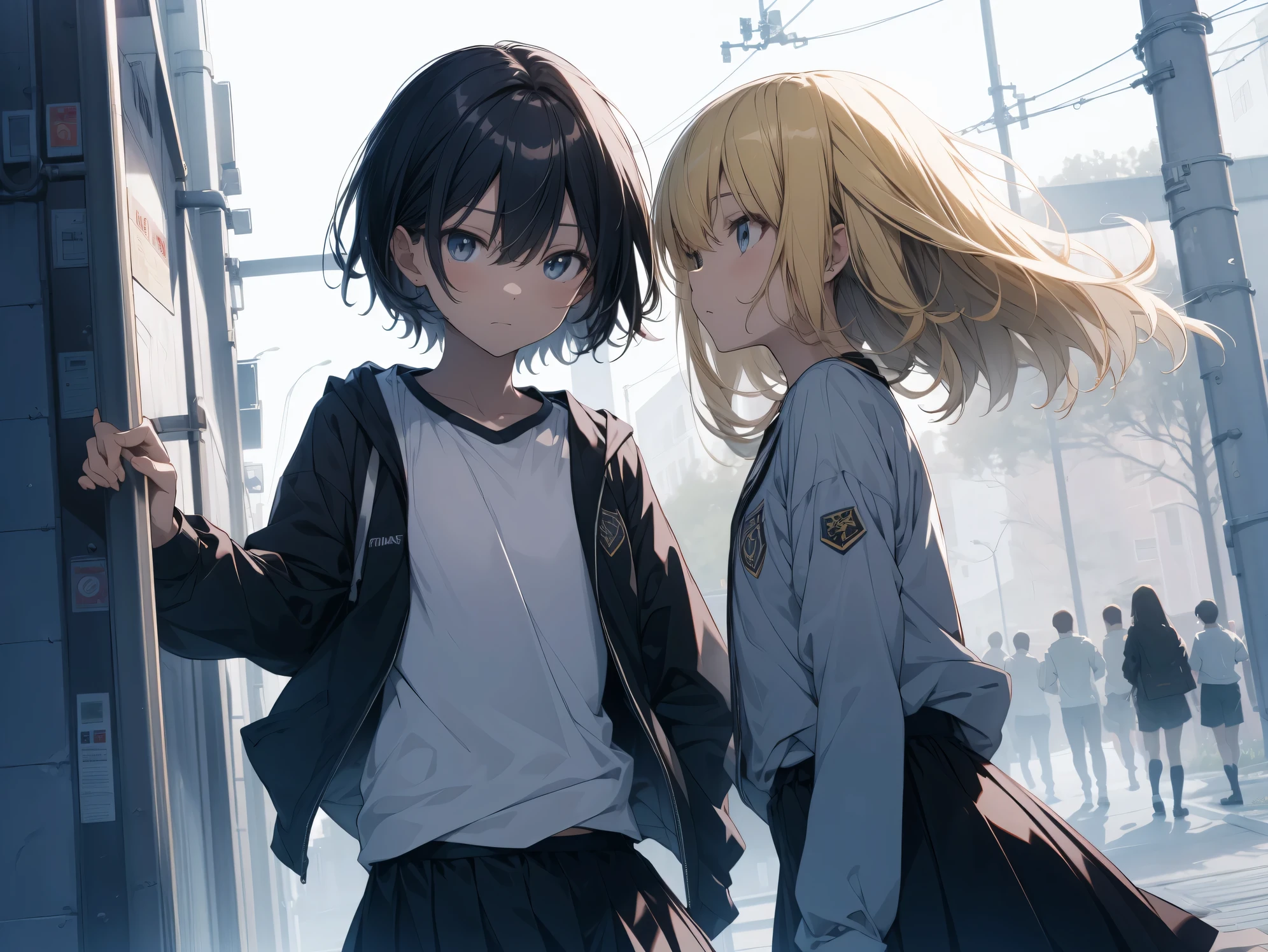 Super high quality by the art god, super detailed, High resolution, AI generated, anime moe art style, best anime 8K konachan wallpaper, pixiv contest winner, perfect anatomy, break,(眠そうにalone学校へ行く女の子を描いてください. ),break, 1 girl, (alone,lolita, , 13 years old:1.3),All limbs, full finger,, androgynous charm, (very short hair), messy hair, flat chest, Because I'm slender, small ass, between legs, Small black eyes, beautiful and fine eyes, Well-proportioned iris and pupils, expressive eyes,disgusted eyes, High resolutionの詳細な髪, wearing school uniform, (skirt),(detailed lighting), (detailed background), On the way to school. break,super dense skin, Best lighting by famous artists, 8K, figure,UHD, rough skin