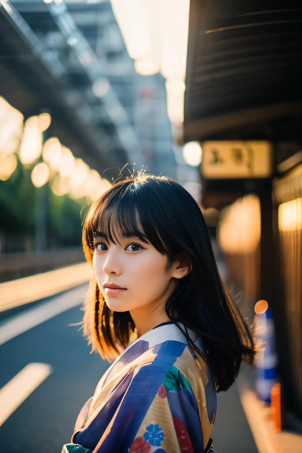 A 20-year-old Japanese supermodel girl,black hair,Ukiyo-e kimono,Japan Highway Background,a ray of light,Beautiful facial lighting,Large,Photographed by Yui Aragaki,6 o'clock