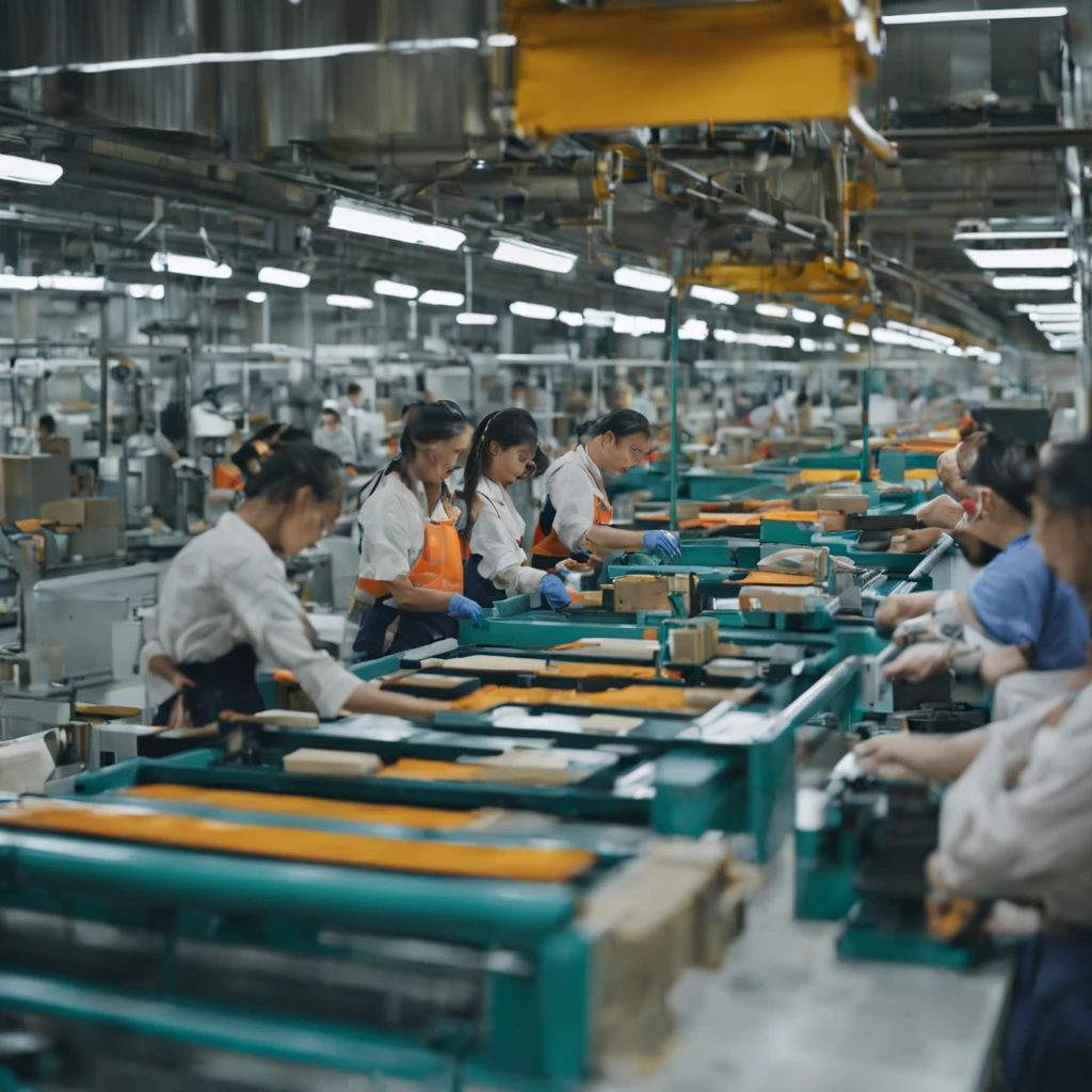 People working in a factory, products on conveyor belts, a day at work, real labor, 4k images.