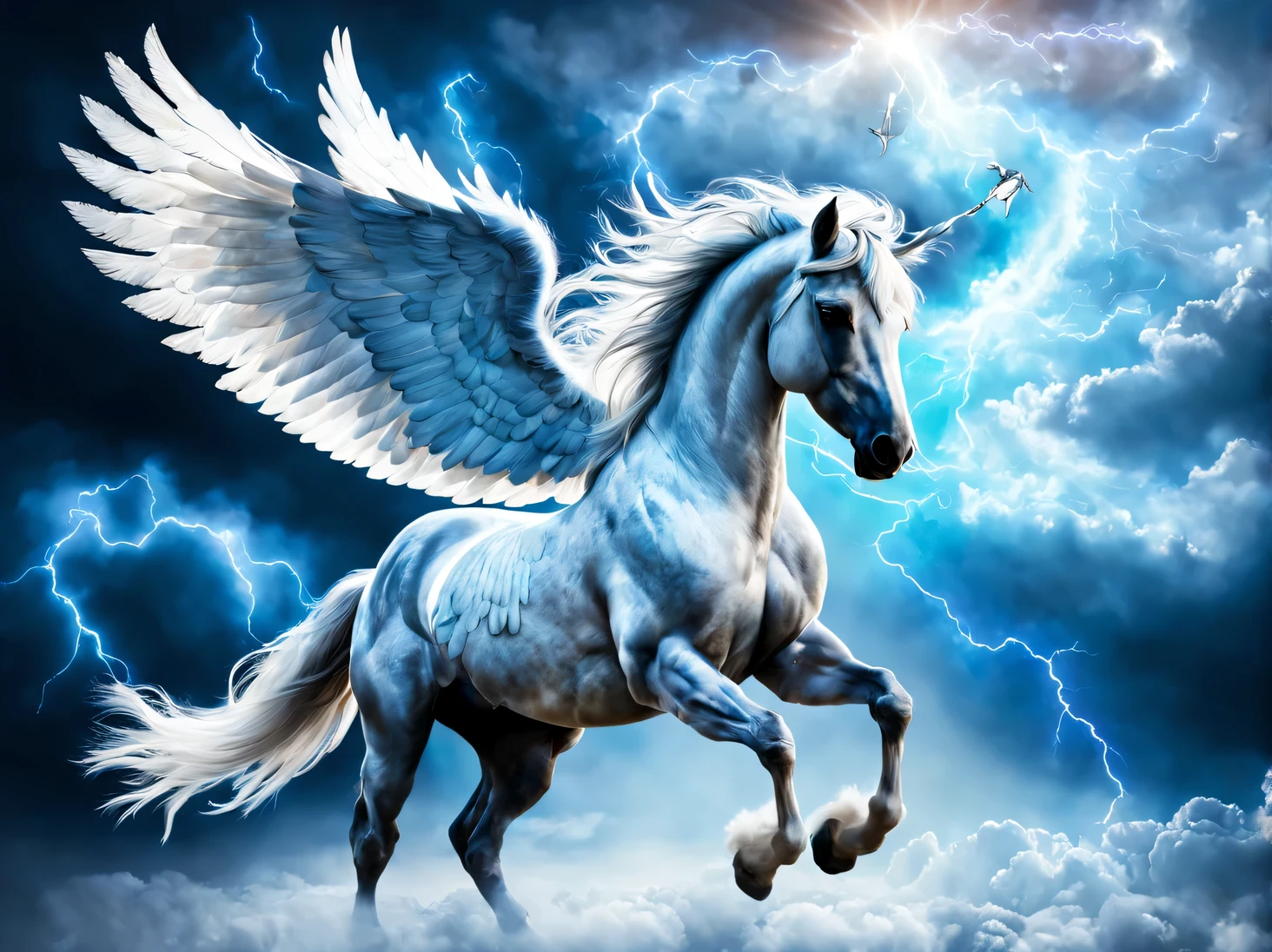 Photo image of a magical pegasus., beautiful winged horse with pegasus wings, Pegasus flies among the clouds and spreads around the magical azure of glowing and sparkling fog and blue magical lightning., the texture of the skin and fur of the pegasus is clearly visible, pay attention to the developed muscles of Pegasus, show in detail the large wings of Pegasus with white plumage, pay attention to the texture of Pegasus&#39;s wings, great depth of field, a high resolution, clear focus on Pegasus, a high resolution, Extremely realistic, extremely detailed, cinematic treatment, HDR, photorealistic, masterpiece